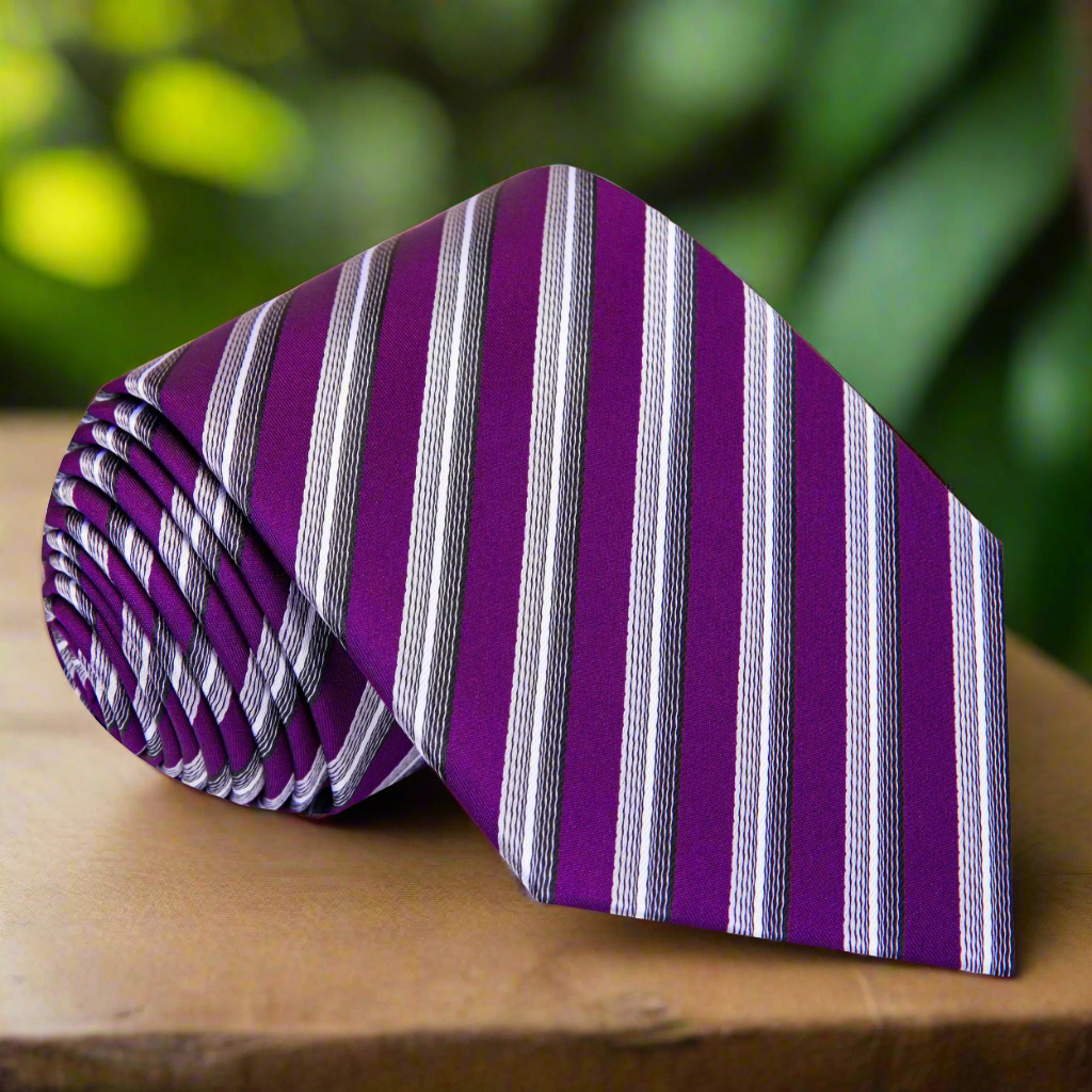 Mens striped silk tie in blue with grey, suitable for formal occasions.