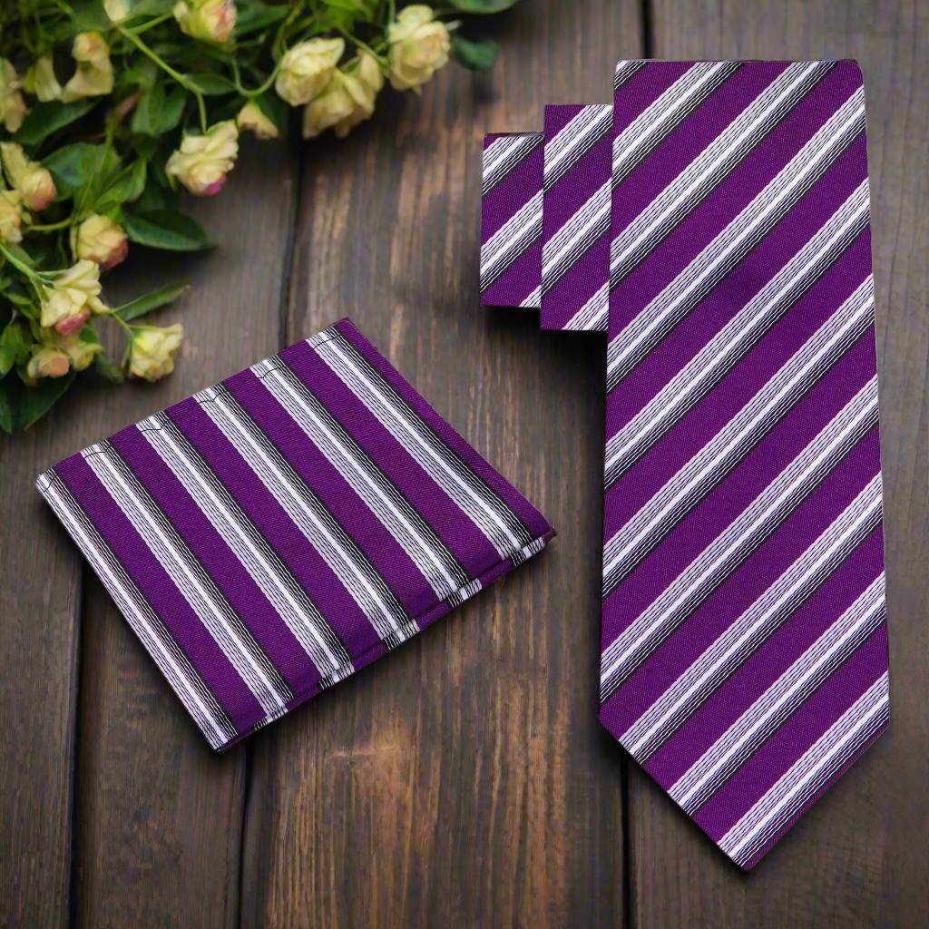 Orange and grey striped tie, perfect for weddings and celebrations.