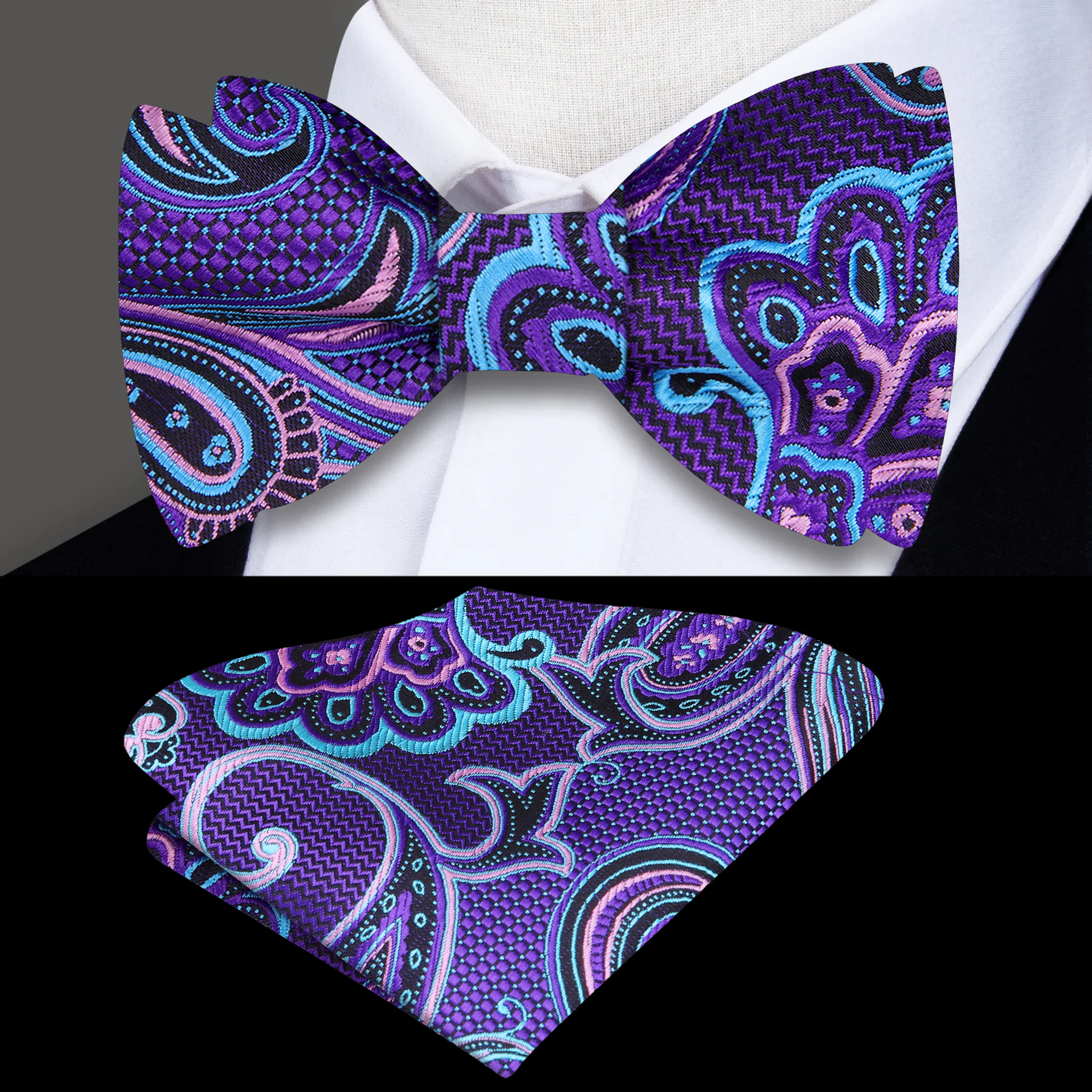 Fuchsia paisley bow tie paired with a white dress shirt for a night out