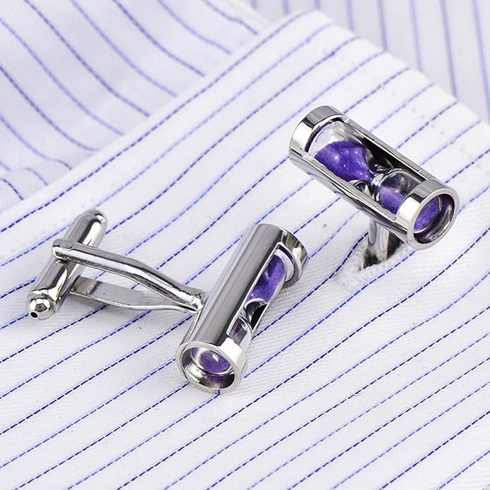 Purple sand cufflinks for men with hourglass jewelry design, perfect for business meetings