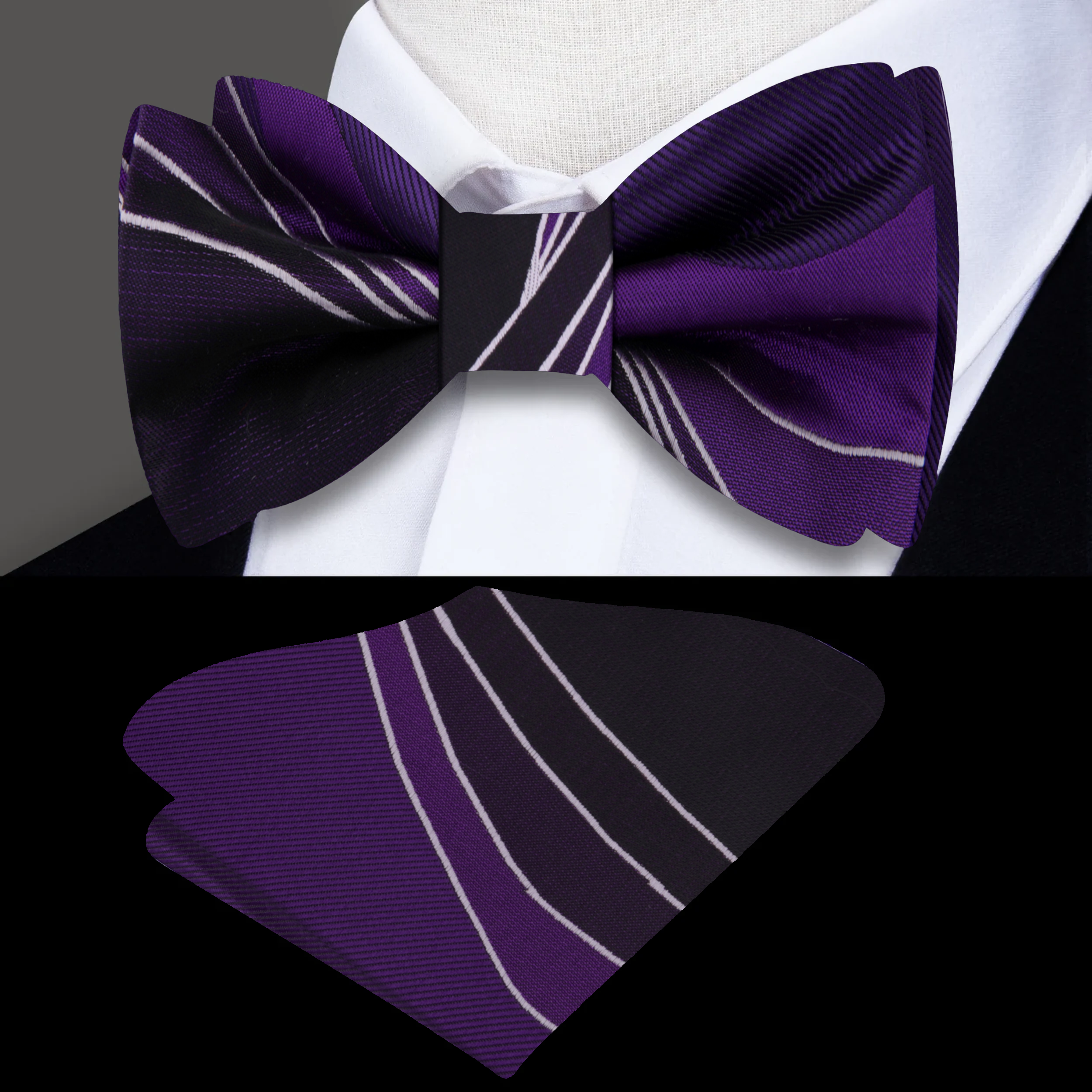 Bow tie paired with a matching pocket square, styled with a navy blue suit for a sophisticated look.
