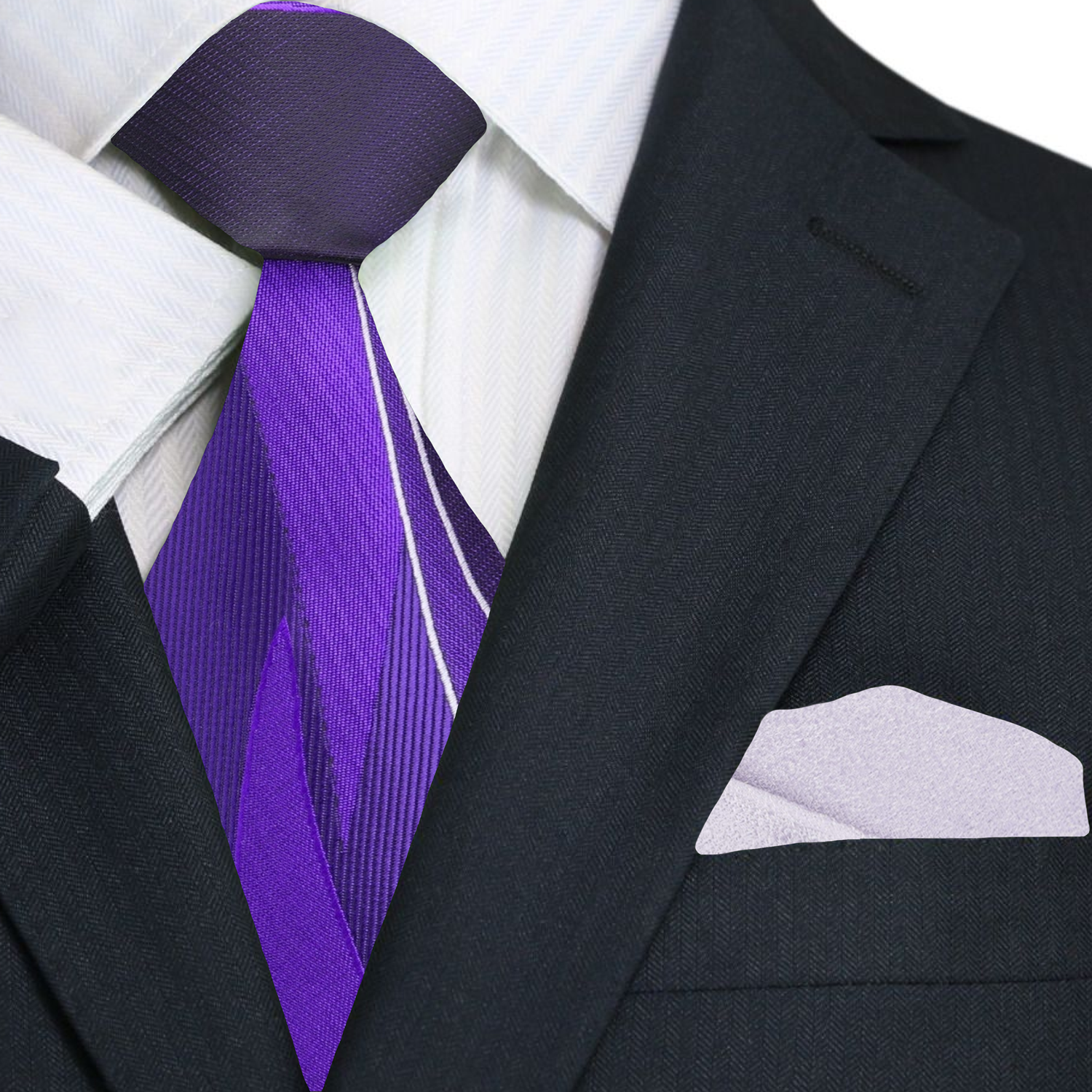 Close-up of the abstract lined pattern on the purple tie, showcasing its luxurious silk texture.