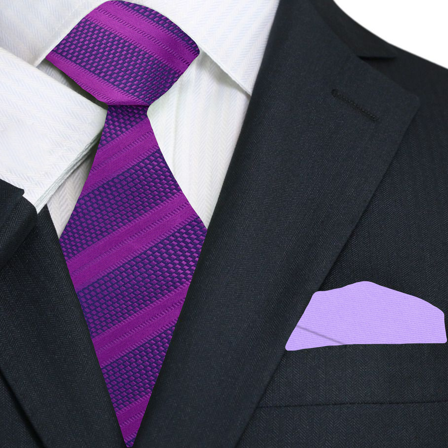 Styled dark purple necktie paired with a crisp white dress shirt for professional attire.