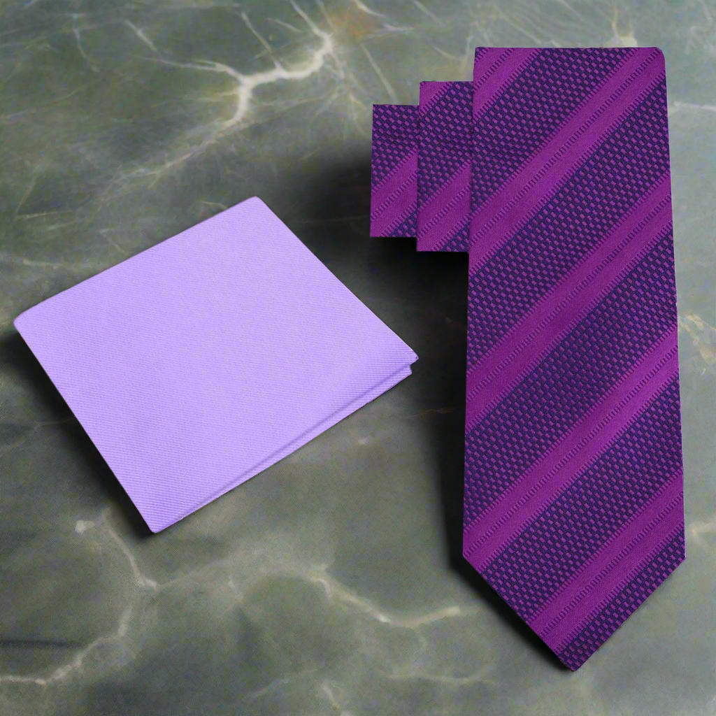 Close-up of the dark purple necktie showcasing its unique stripe and small check texture.