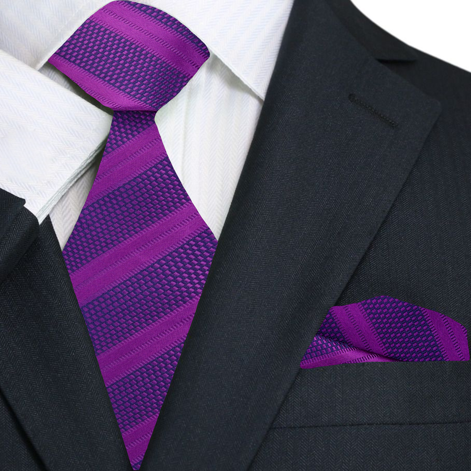 Dark purple necktie with striped and check patterns, ideal for formal events.