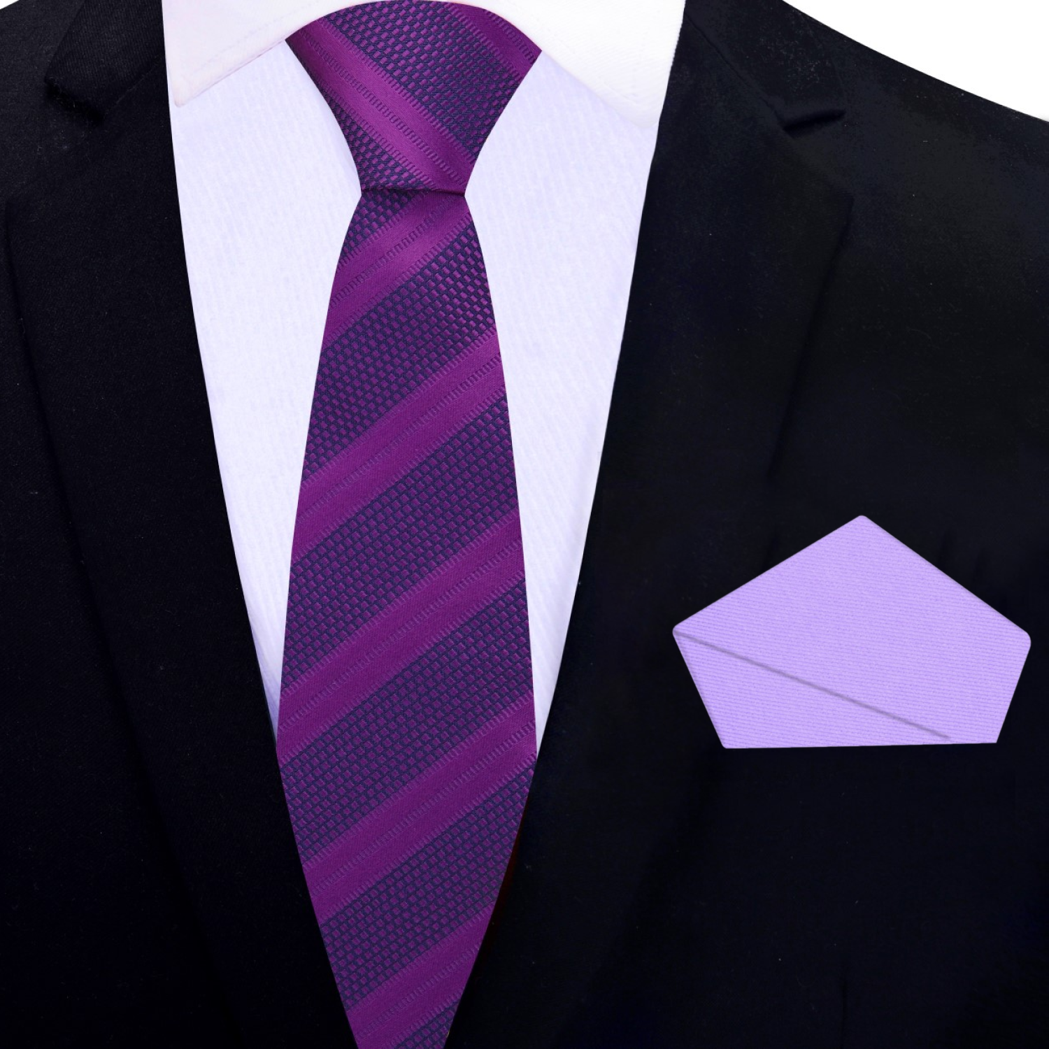 Dark purple necktie with striped and check patterns, ideal for formal events.