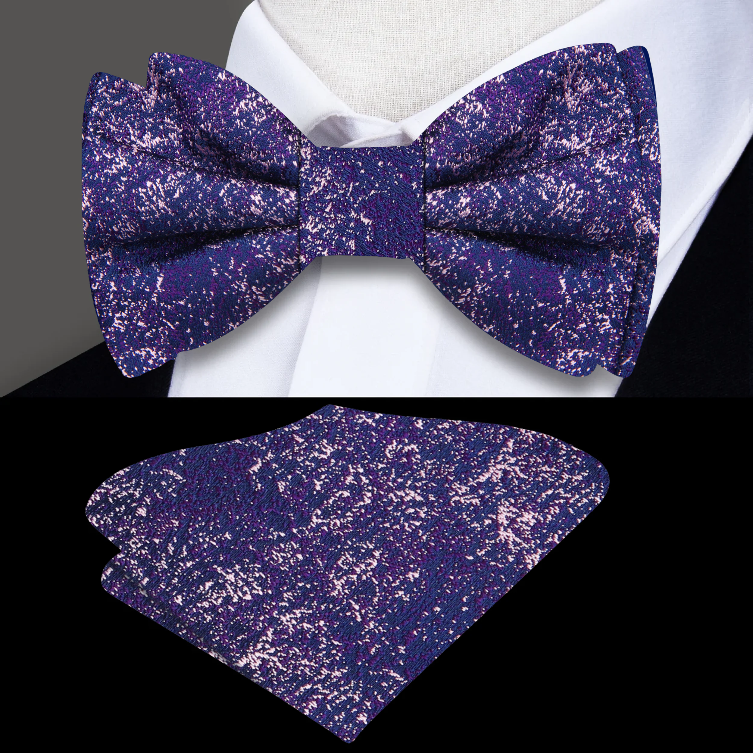 Close-up of the self-tie abstract texture bow tie showcasing its vibrant colors.