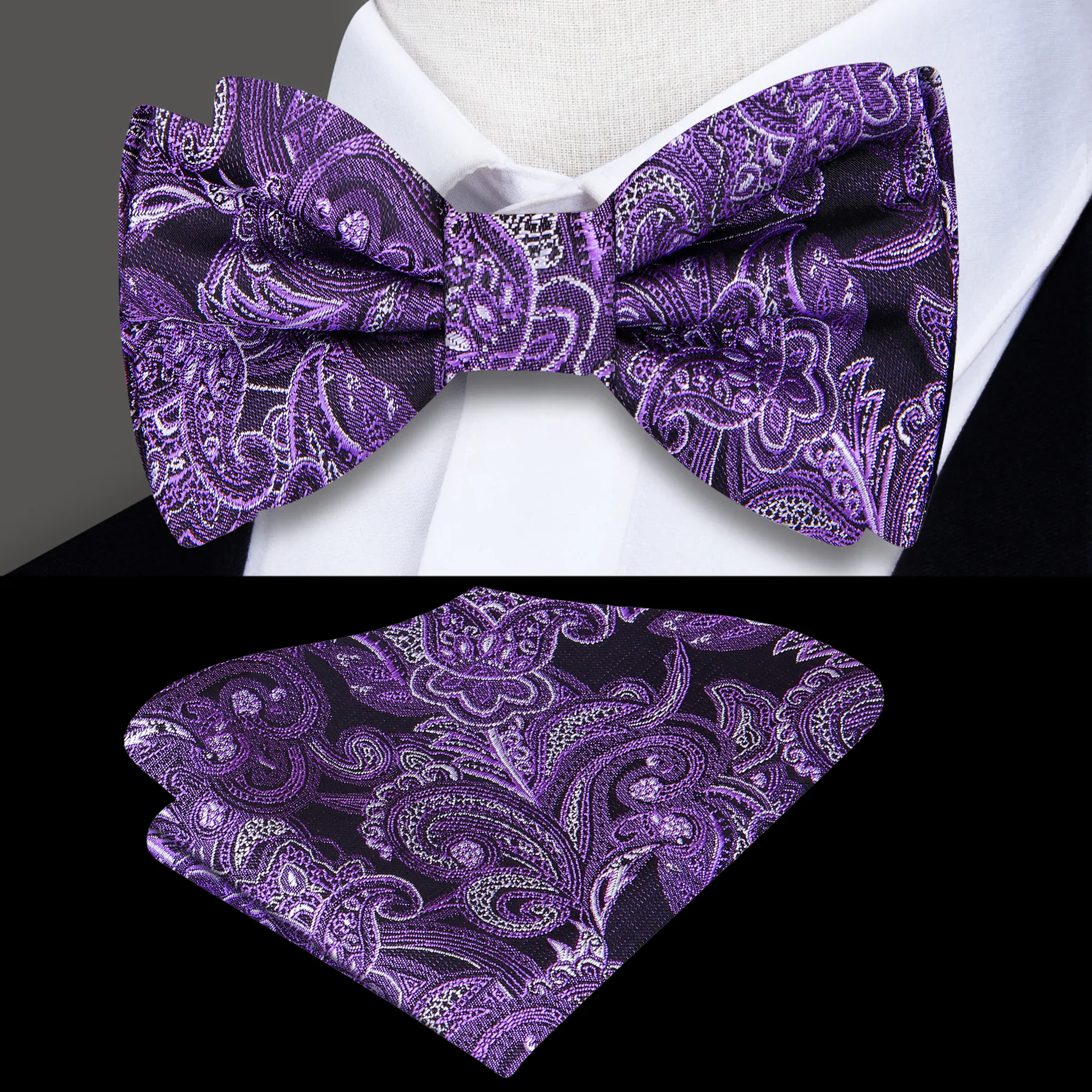 Elegant purple paisley bow tie worn at a wedding ceremony