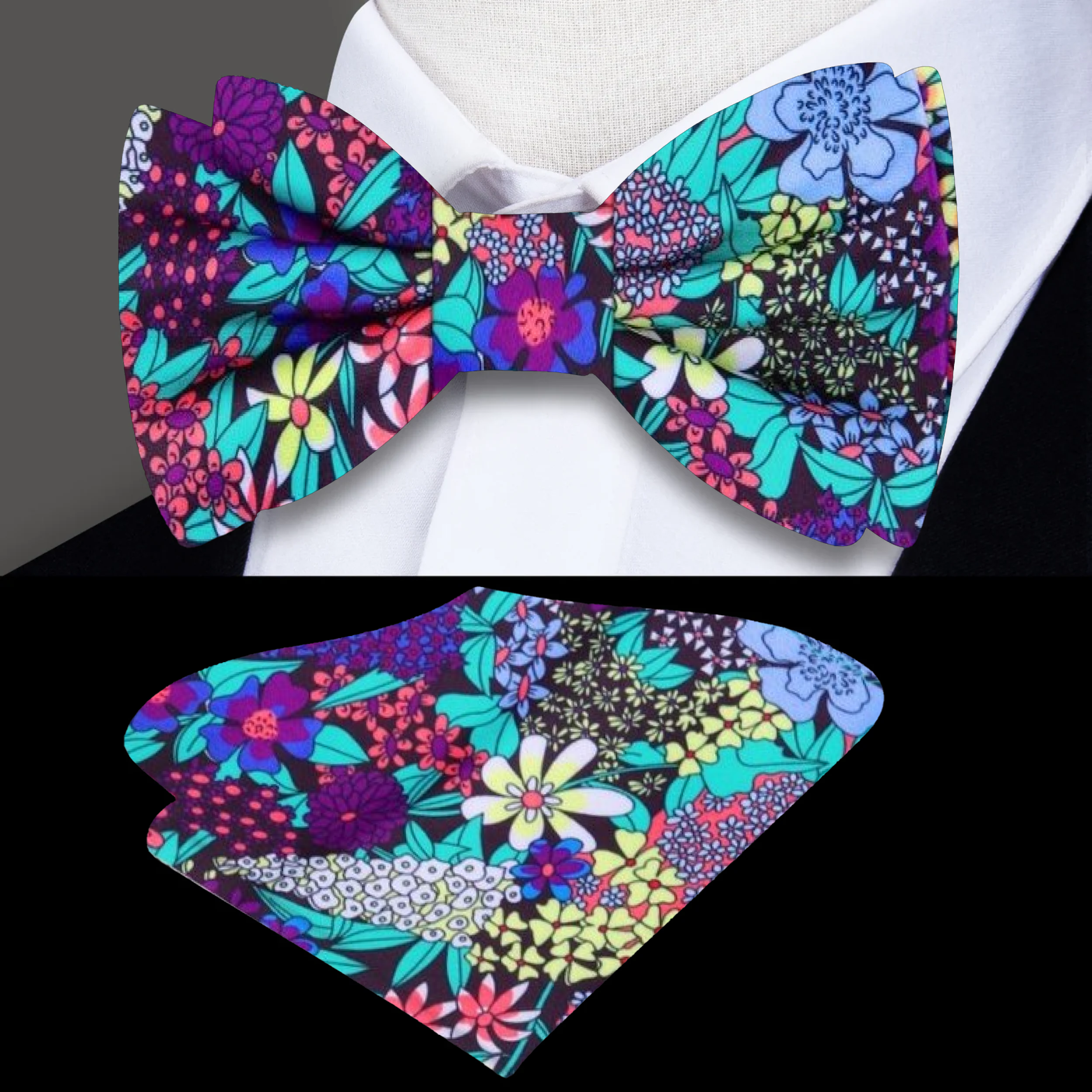 Close-up of multicolored floral silk bow tie showcasing vibrant flower pattern