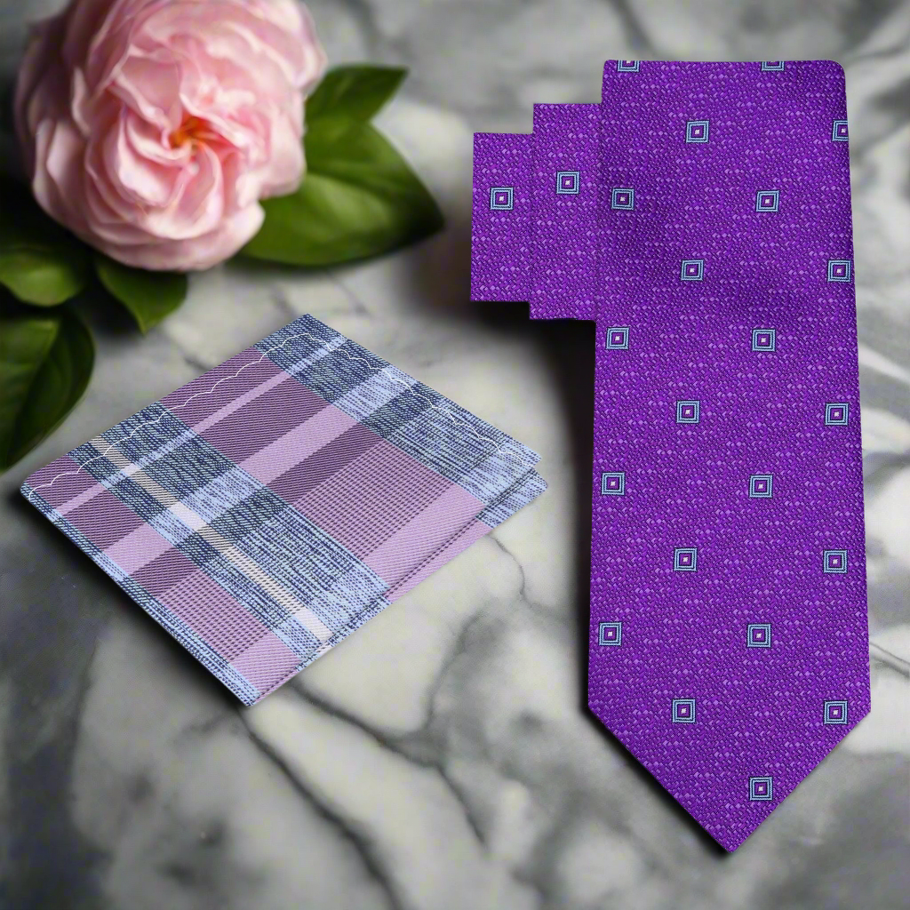 Front view of the Regalia geometric silk necktie displayed on a mannequin