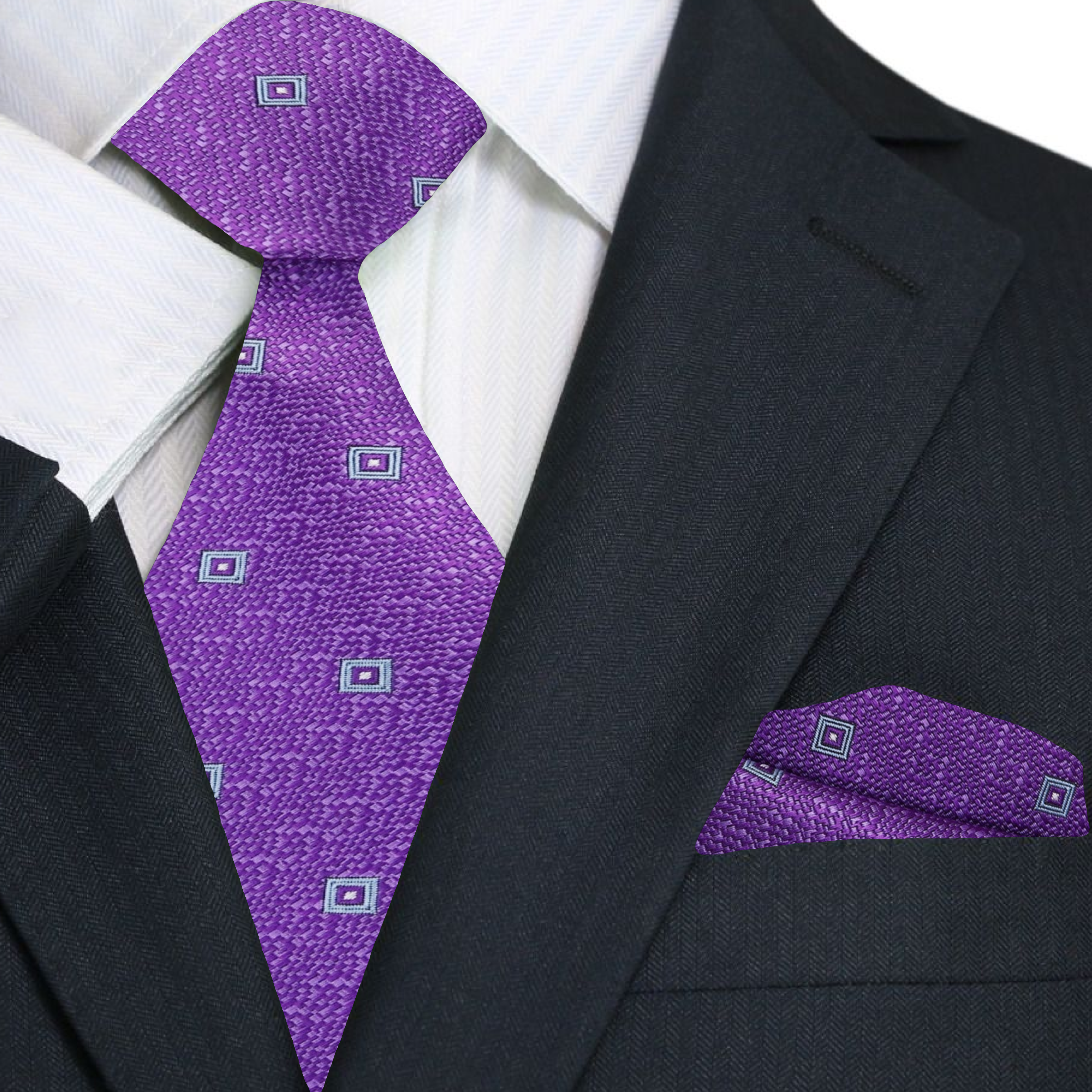 Close-up of the geometric pattern on the purple and light blue silk tie