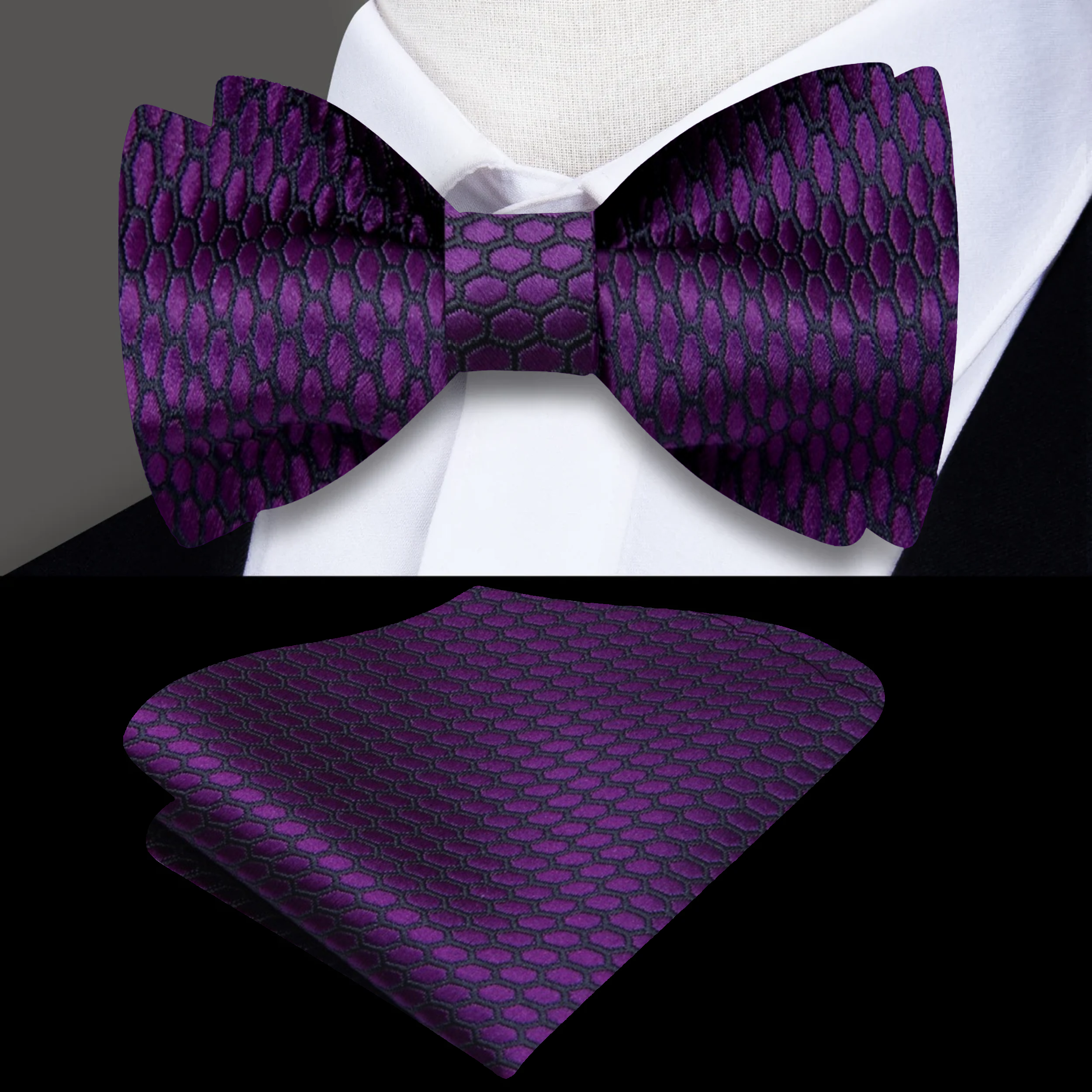 Close-up of the bow ties detailed geometric design