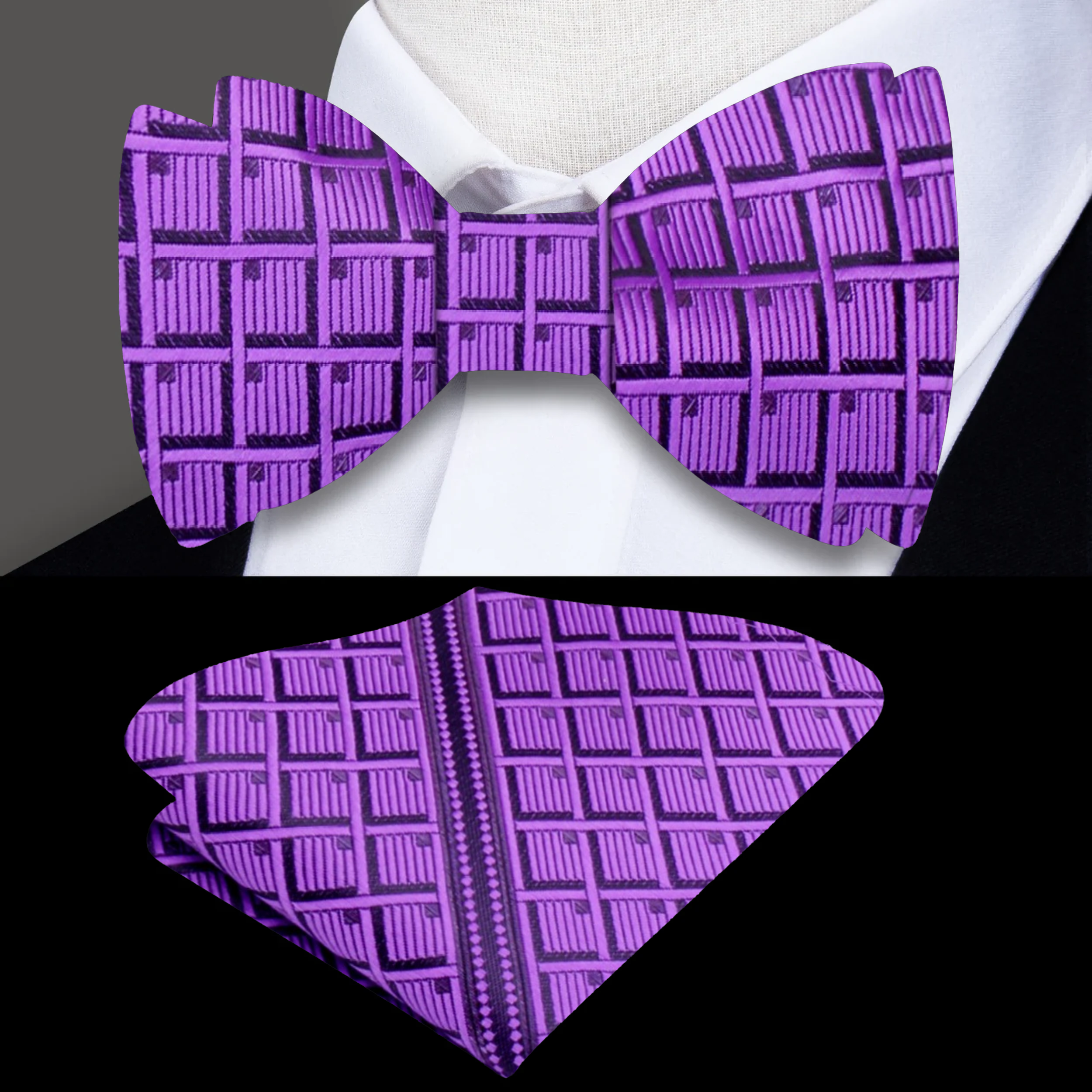Detailed view of the silk fabric and waffle pattern on a stylish bow tie