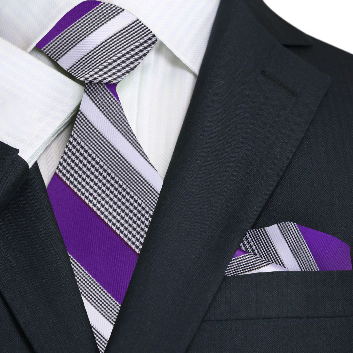 Close-up detail of the purple striped necktie highlighting its texture and design.