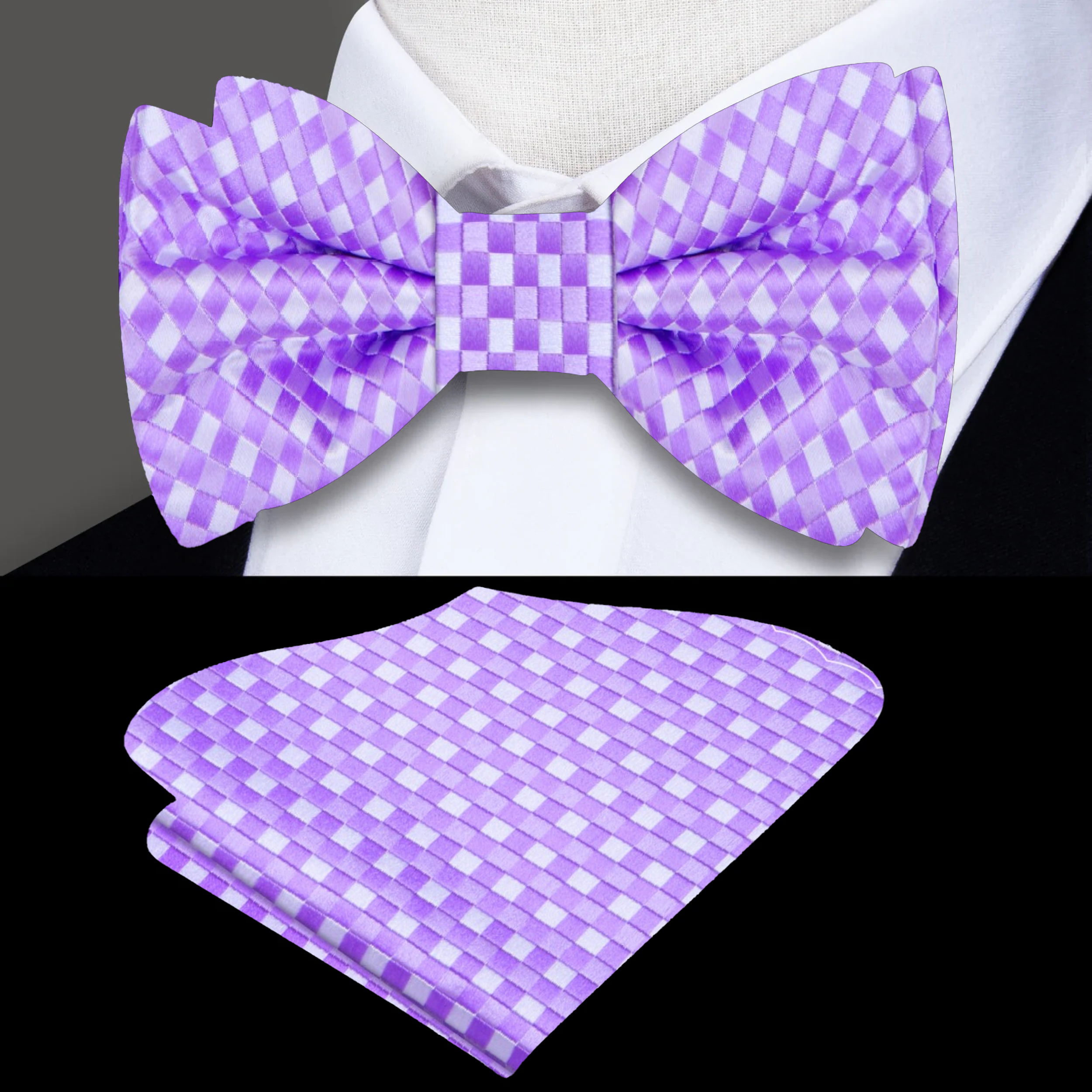 Front view of a stylish silk bow tie with light purple and white check pattern, suitable for weddings