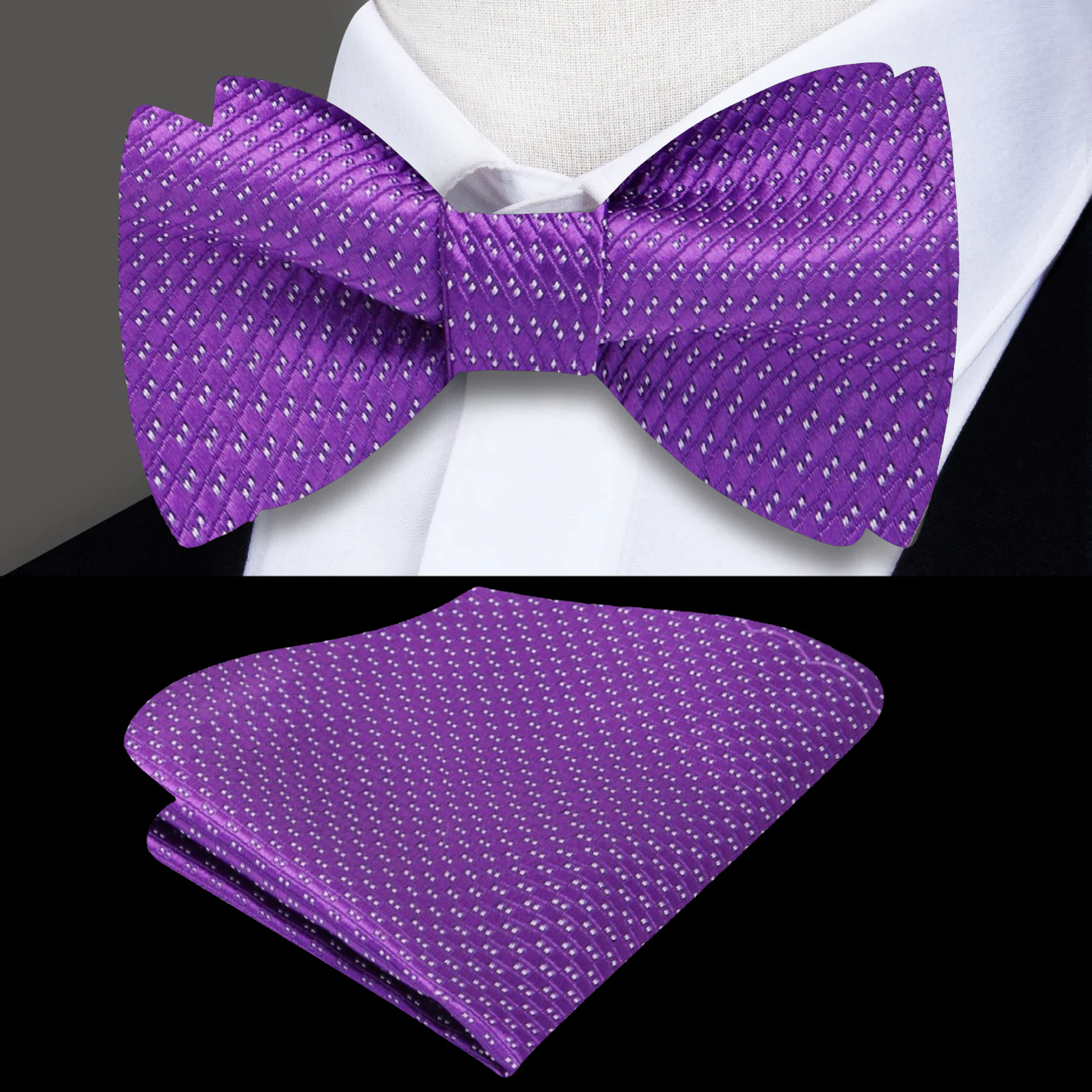 Bow tie paired with a navy suit and white dress shirt, showcasing its versatility for various events.
