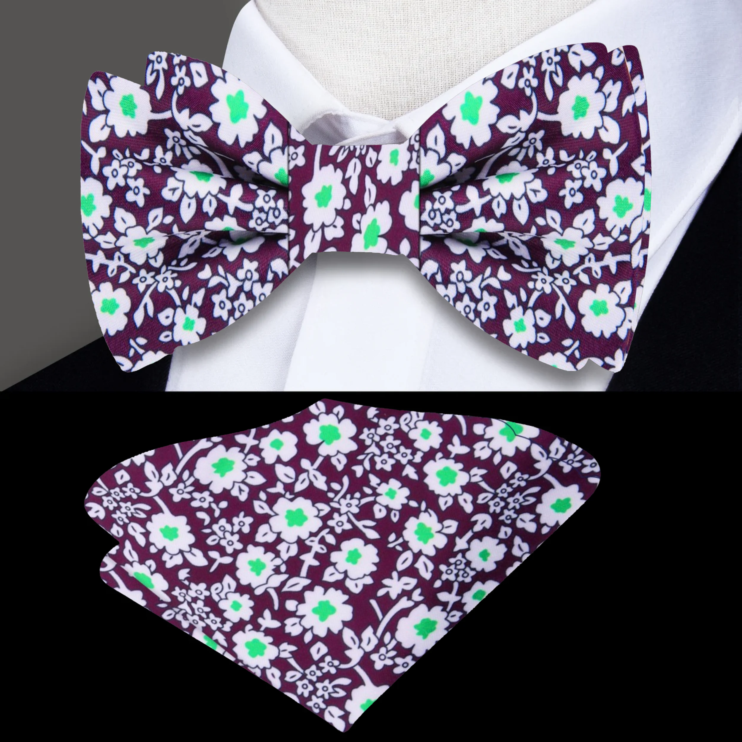 Man wearing stylish floral bow tie with a white dress shirt at a formal event