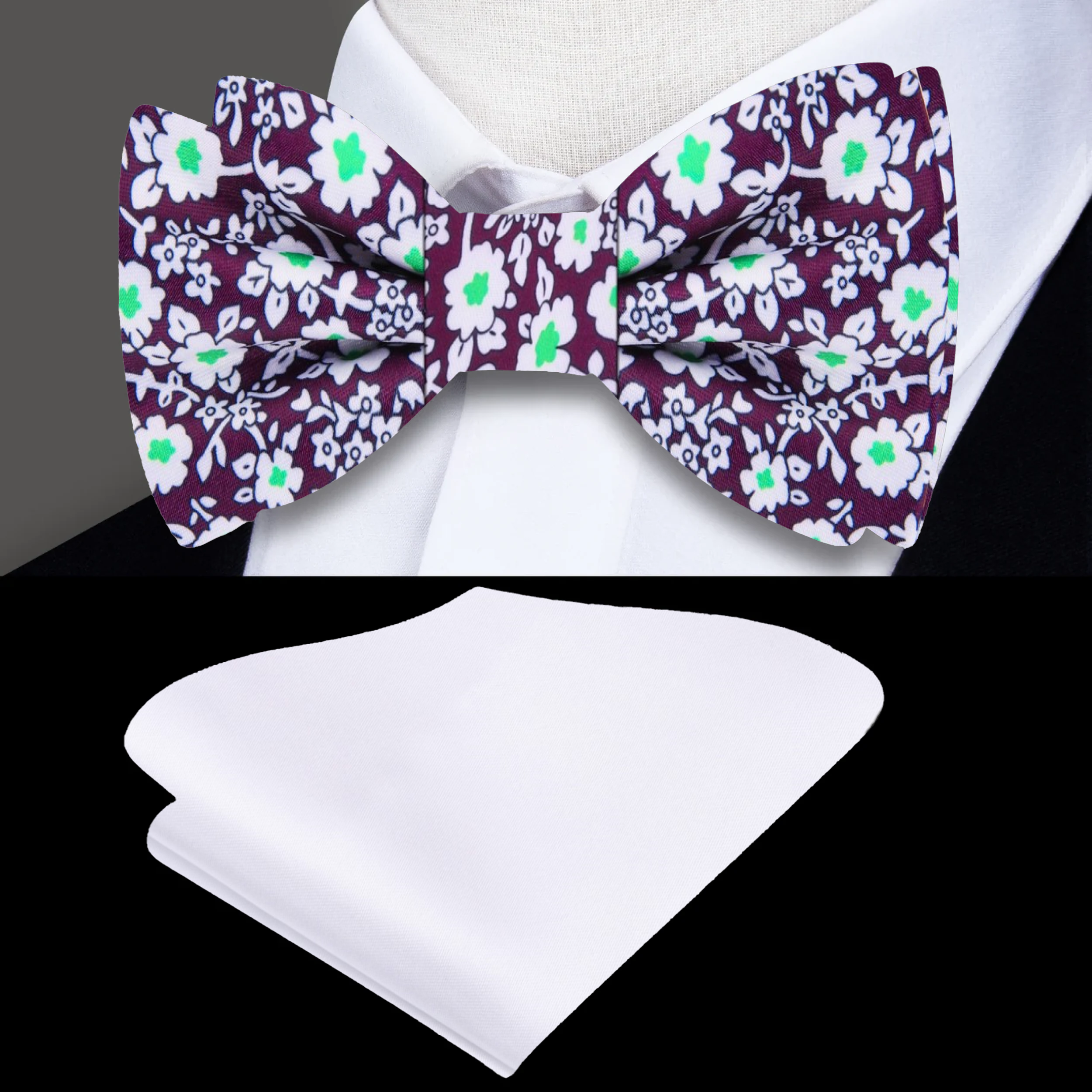 Close-up of floral bow tie with vibrant purple, green, and white flowers for wedding attire