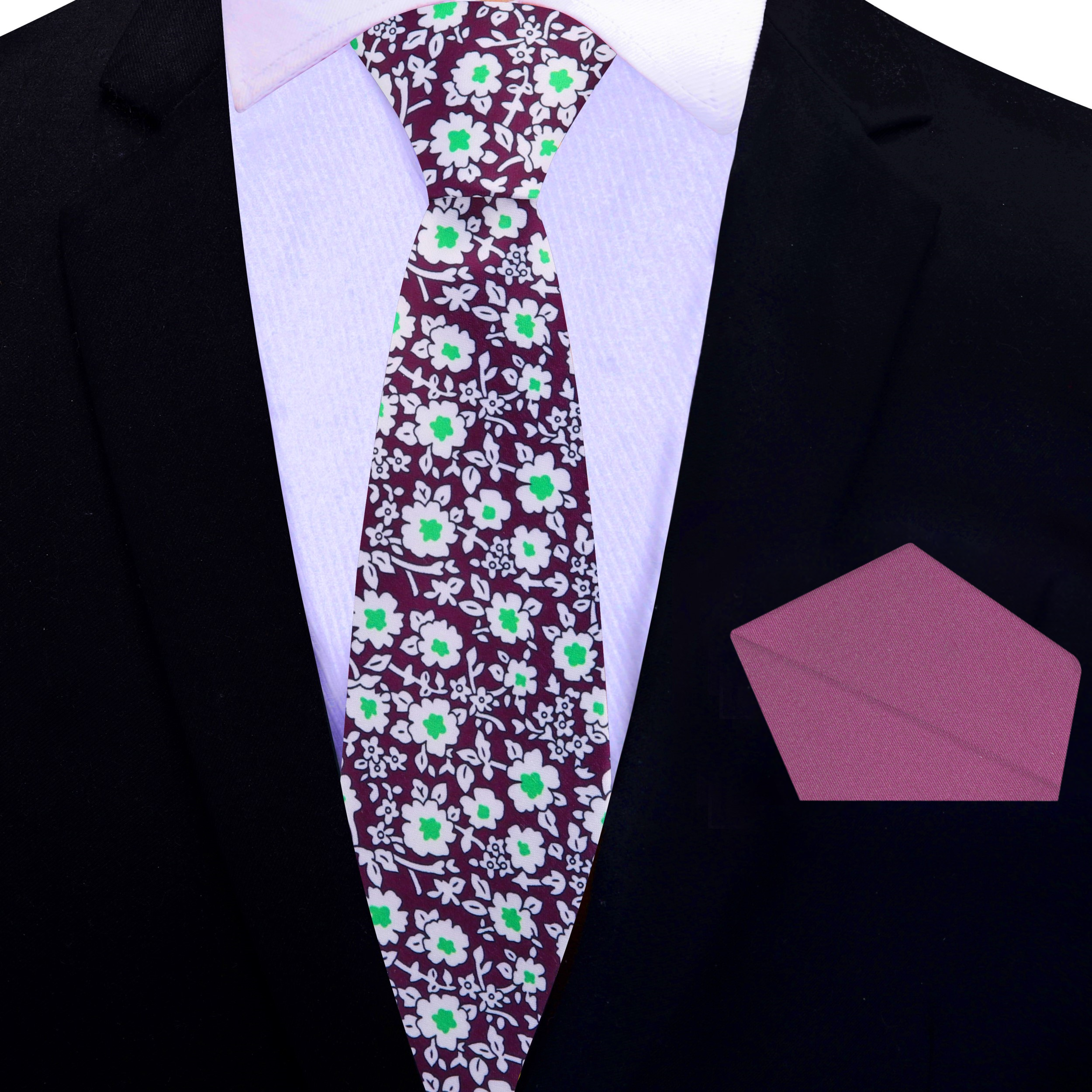 Mens floral silk necktie styled with a charcoal suit and white shirt for office wear