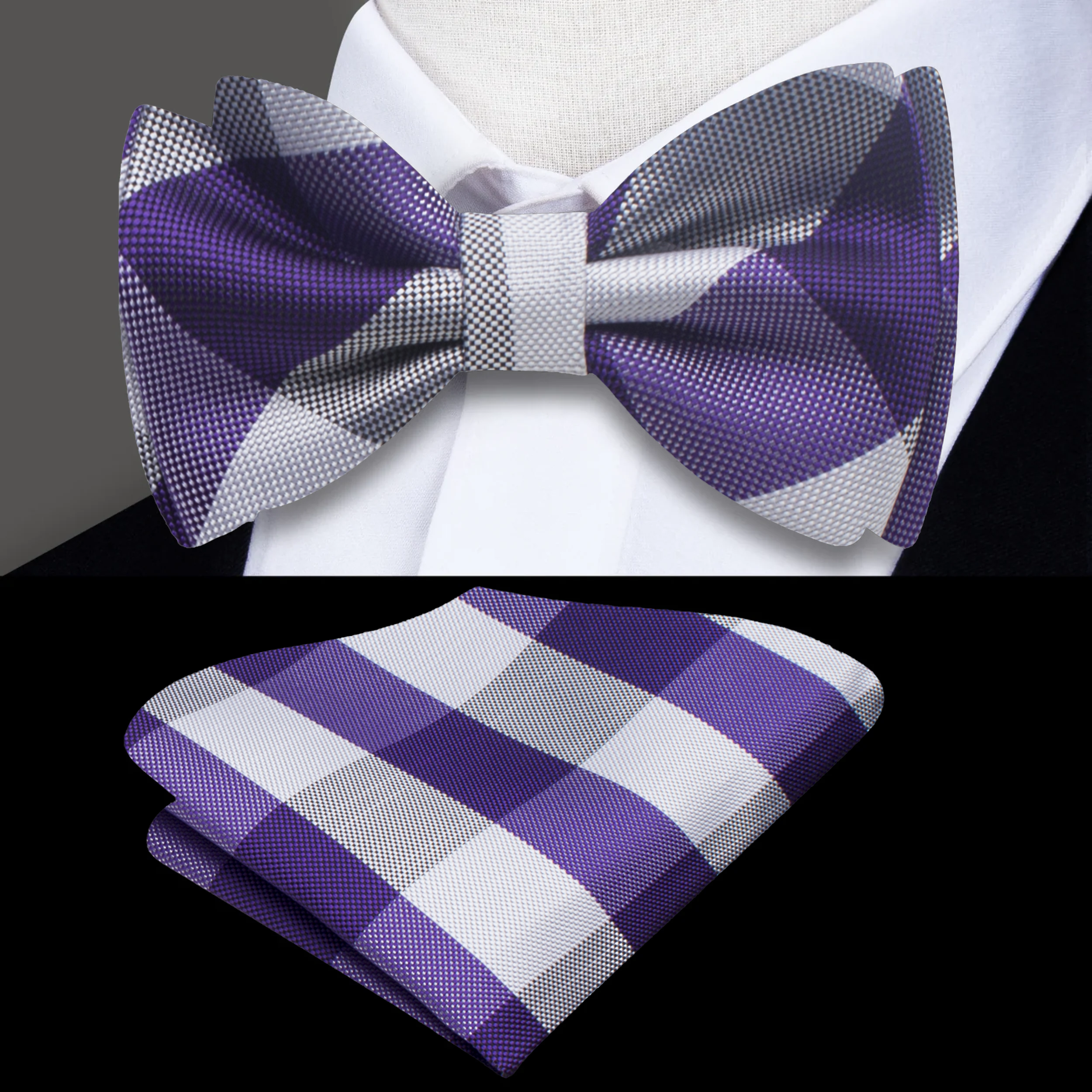 Close-up of a stylish men's plaid bow tie with a self-tie knot, perfect for weddings