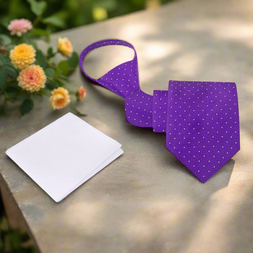 Fashionable polka dot silk tie displayed on a hanger with vibrant color options