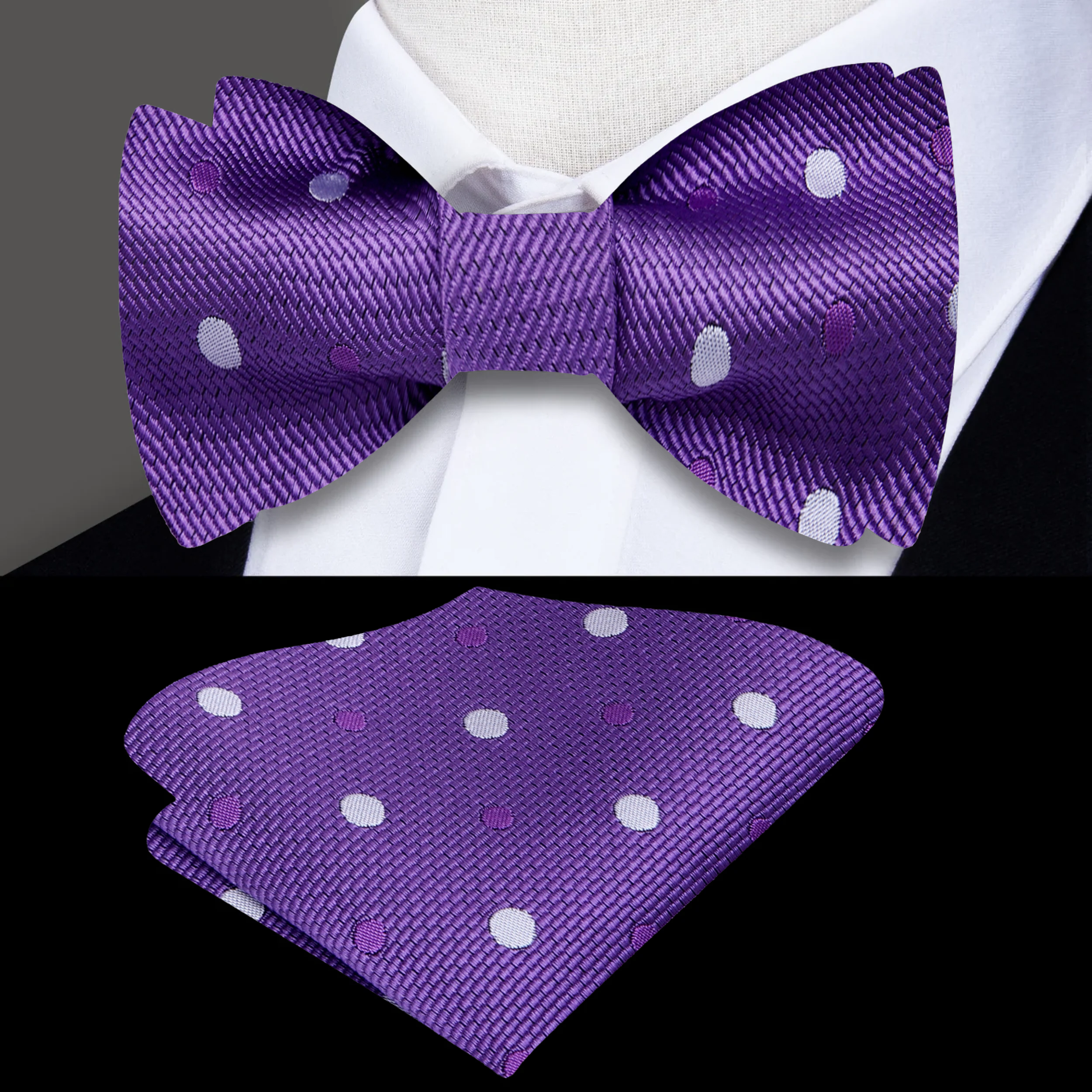 Polka dot bow tie with matching pocket square set for a polished look