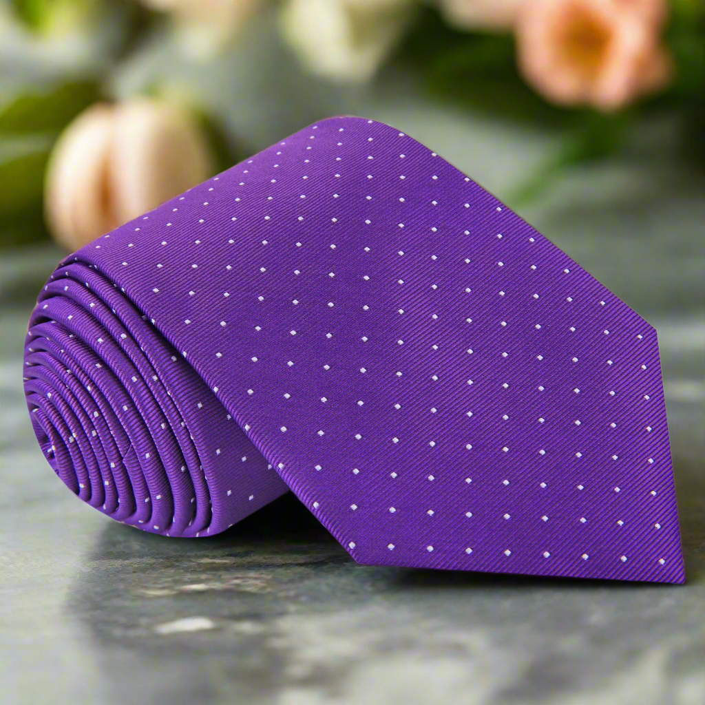 Elegant purple silk micro dot necktie displayed against a crisp white background.
