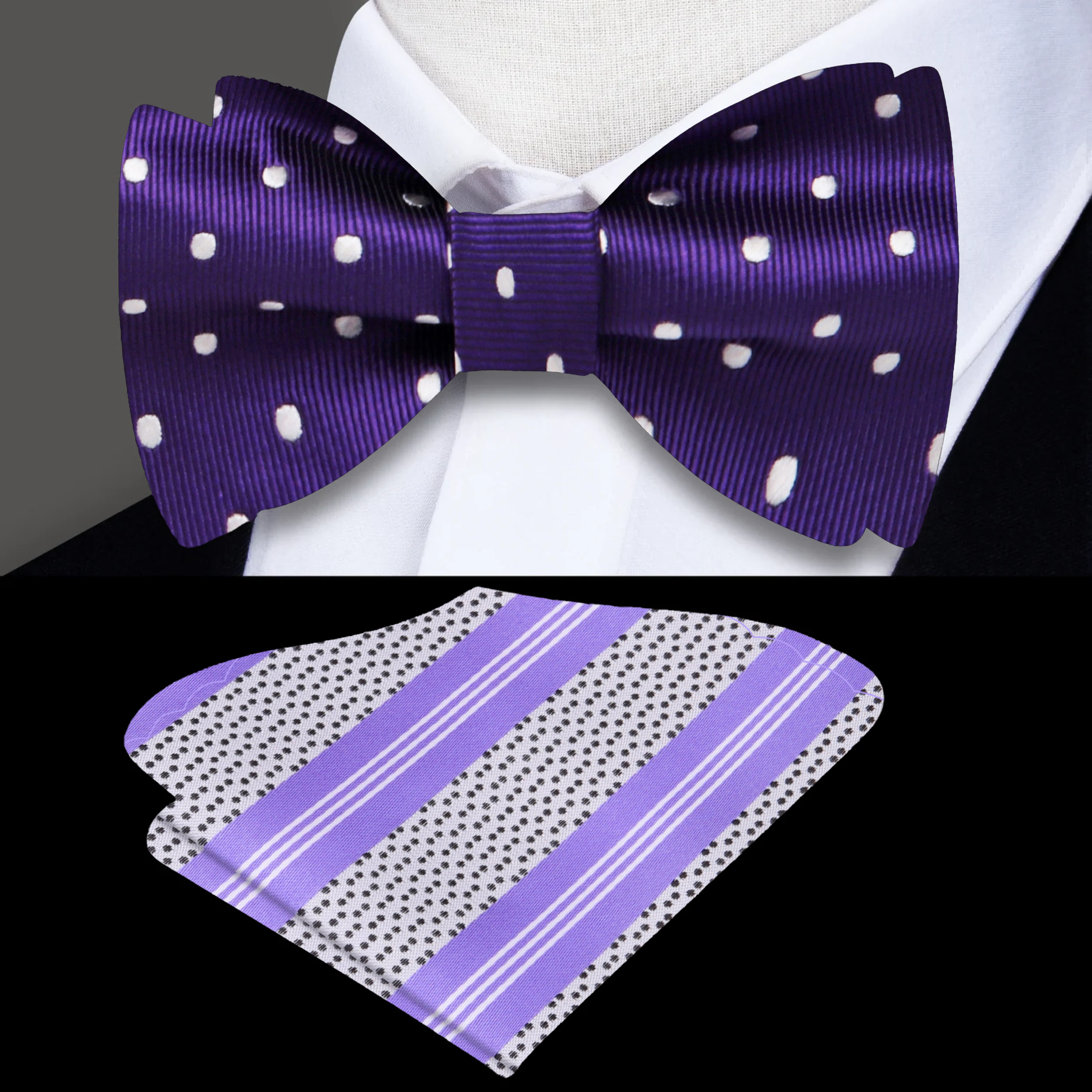 Close-up of purple polka dot bow tie with white dots, suitable for formal wear