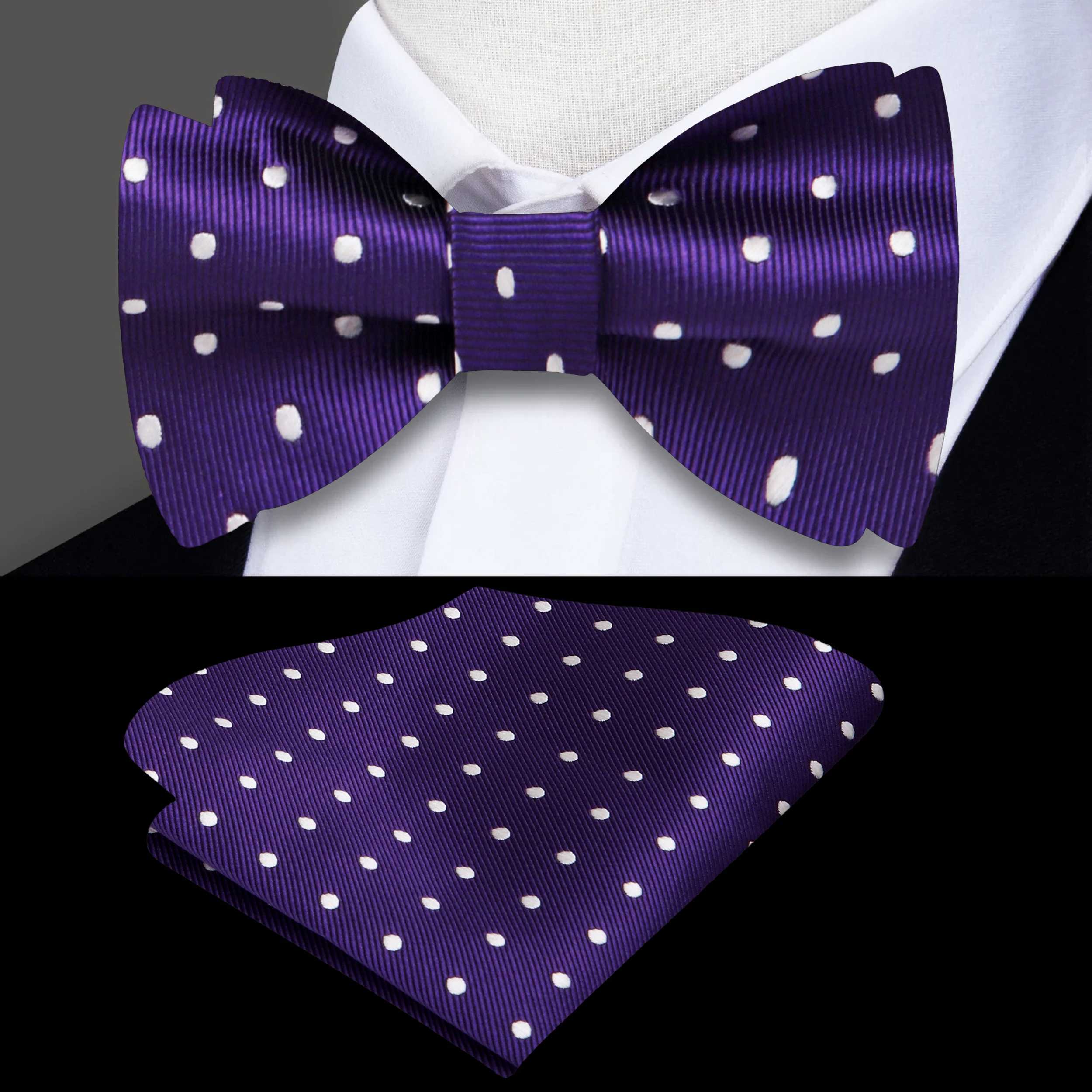Model wearing purple bow tie with matching pocket square for wedding attire