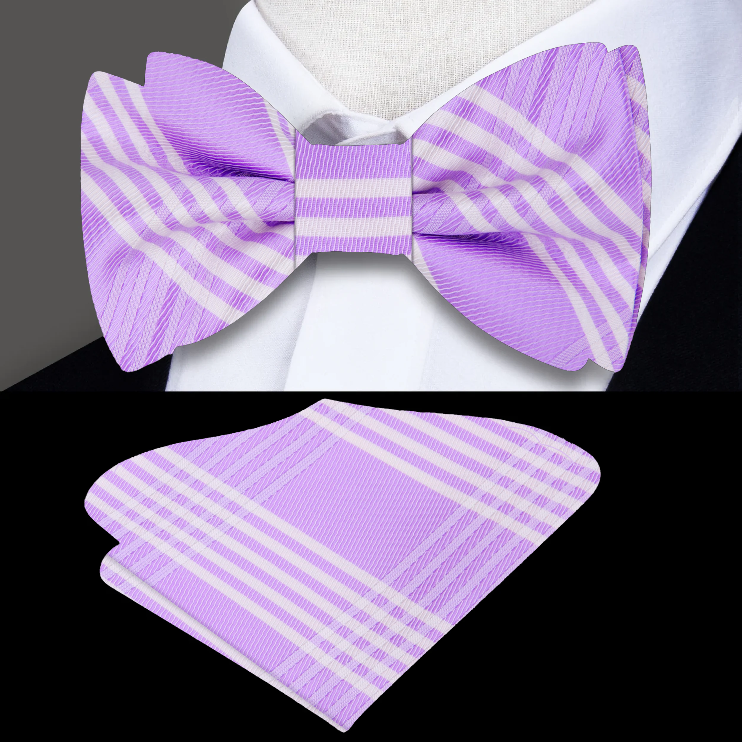 Elegant light purple plaid silk bow tie, showcased on a crisp white shirt.