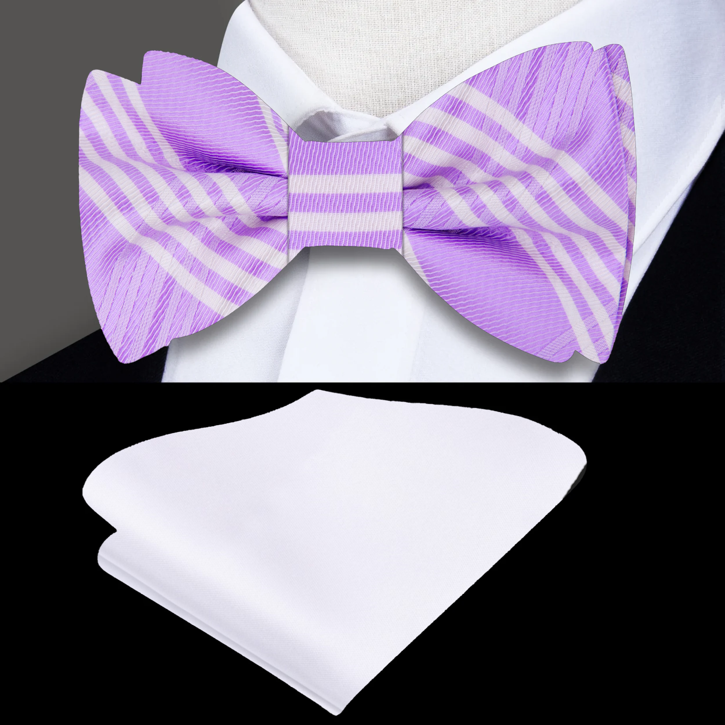 Light purple plaid silk bow tie paired with a charcoal suit for a sophisticated look.