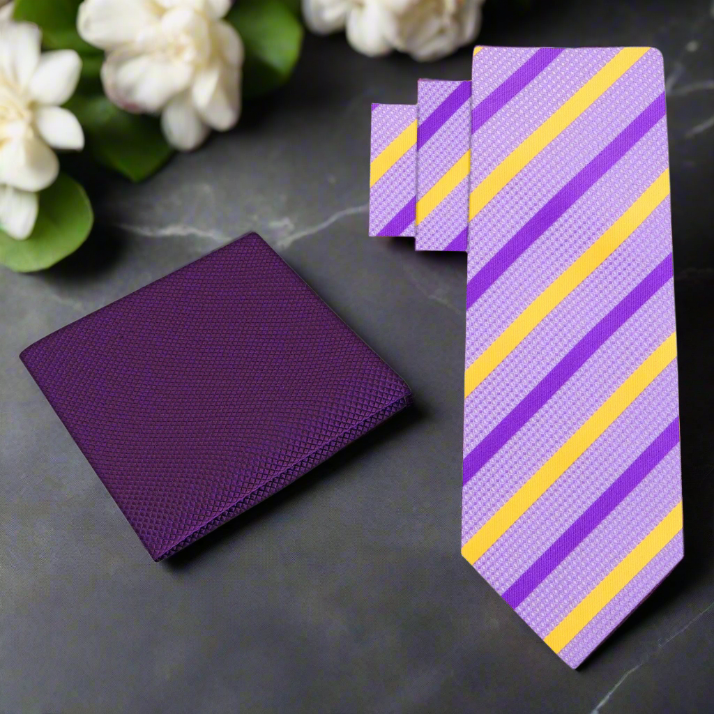 Close-up of light purple and yellow striped necktie showing detailed silk fabric