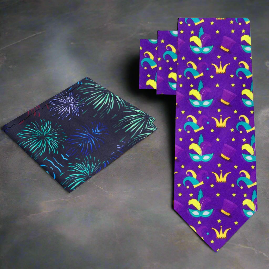 Man wearing Mardi Gras necktie with pocket square at celebration party