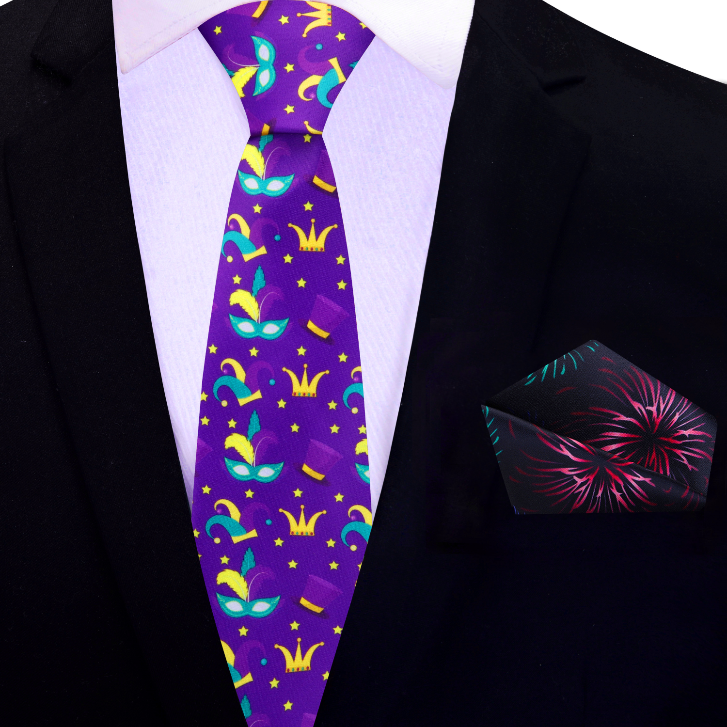 Close-up of Mardi Gras tie with colorful masks and hats for festive events