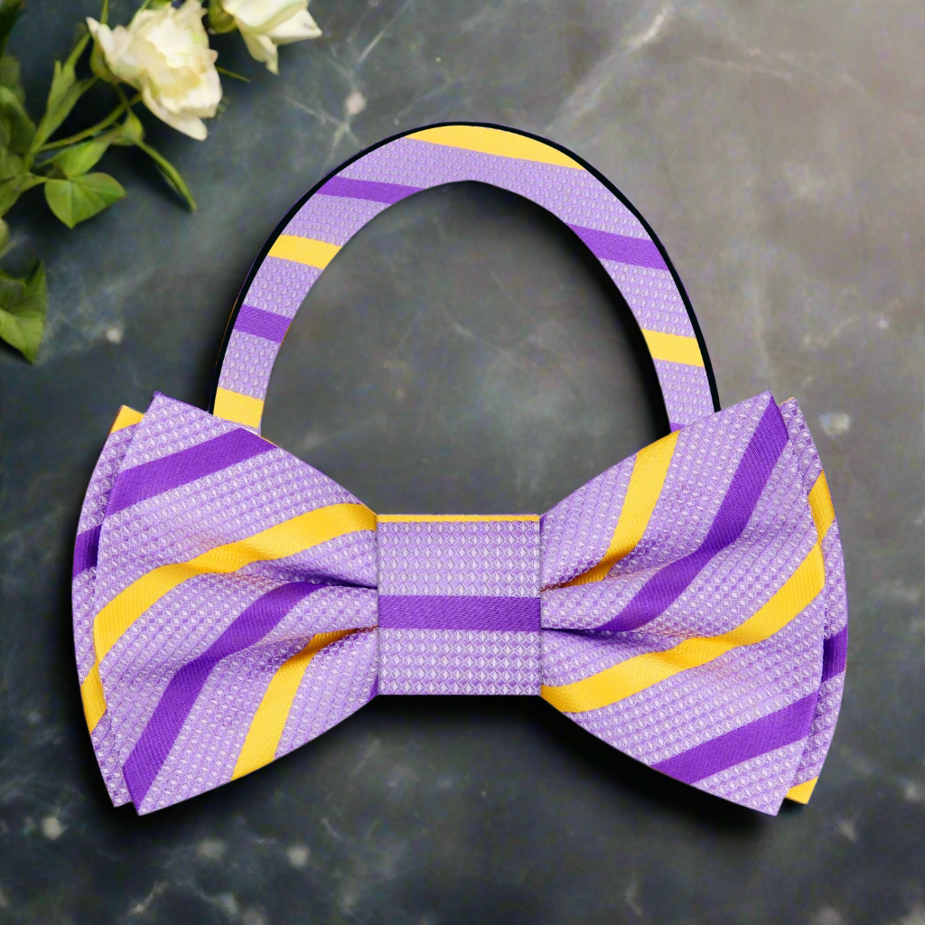 Elegant silk bow tie with purple and yellow stripes, ideal for weddings and formal events