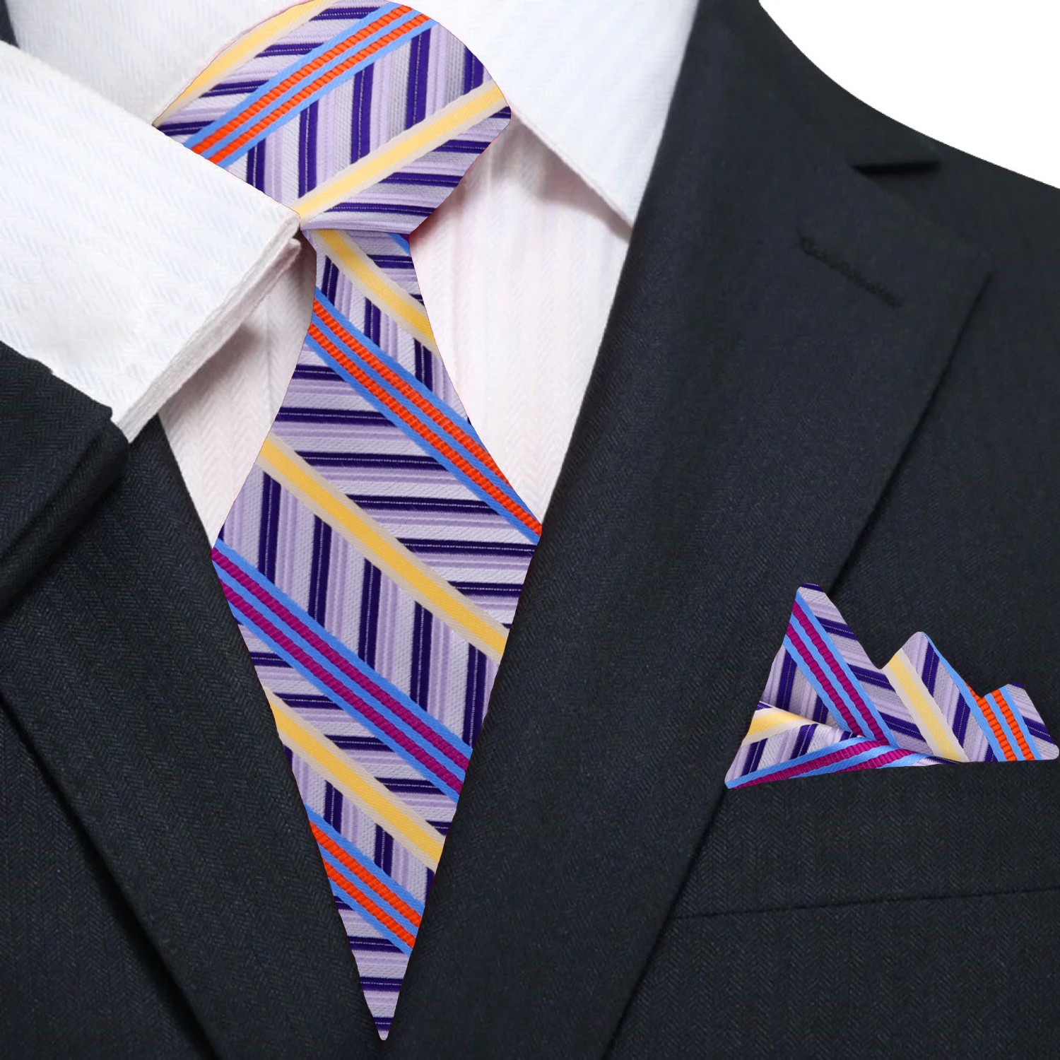 Model wearing the El Segundo silk tie and pocket square, illustrating how to style them for a wedding.