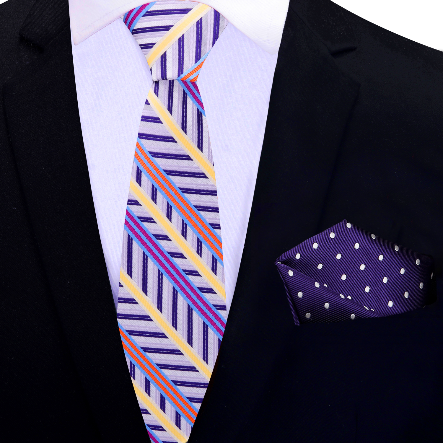 Pocket square from the El Segundo set, folded neatly to accentuate its silk texture and design.