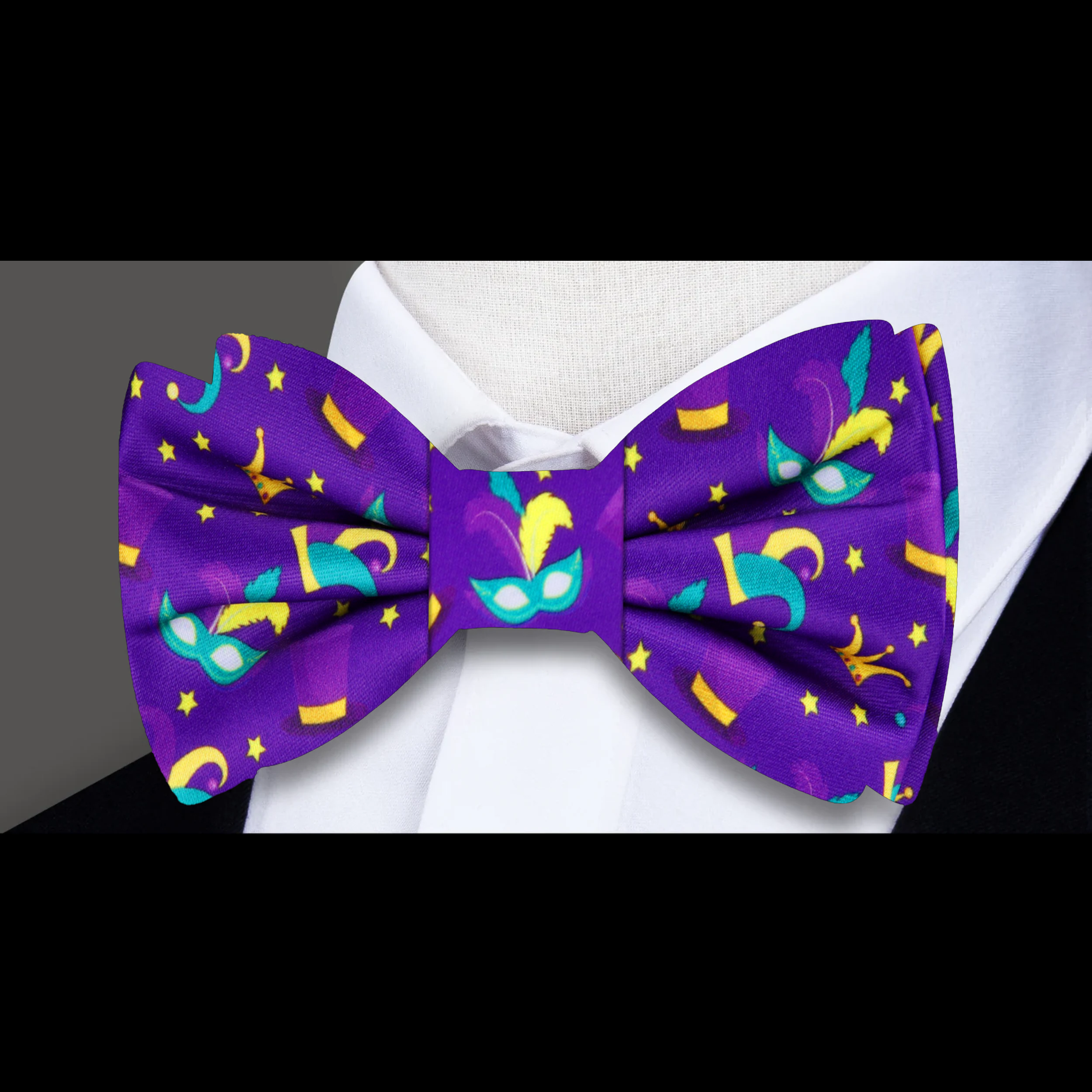 Model wearing Mardi Gras bow tie with a white dress shirt for a party