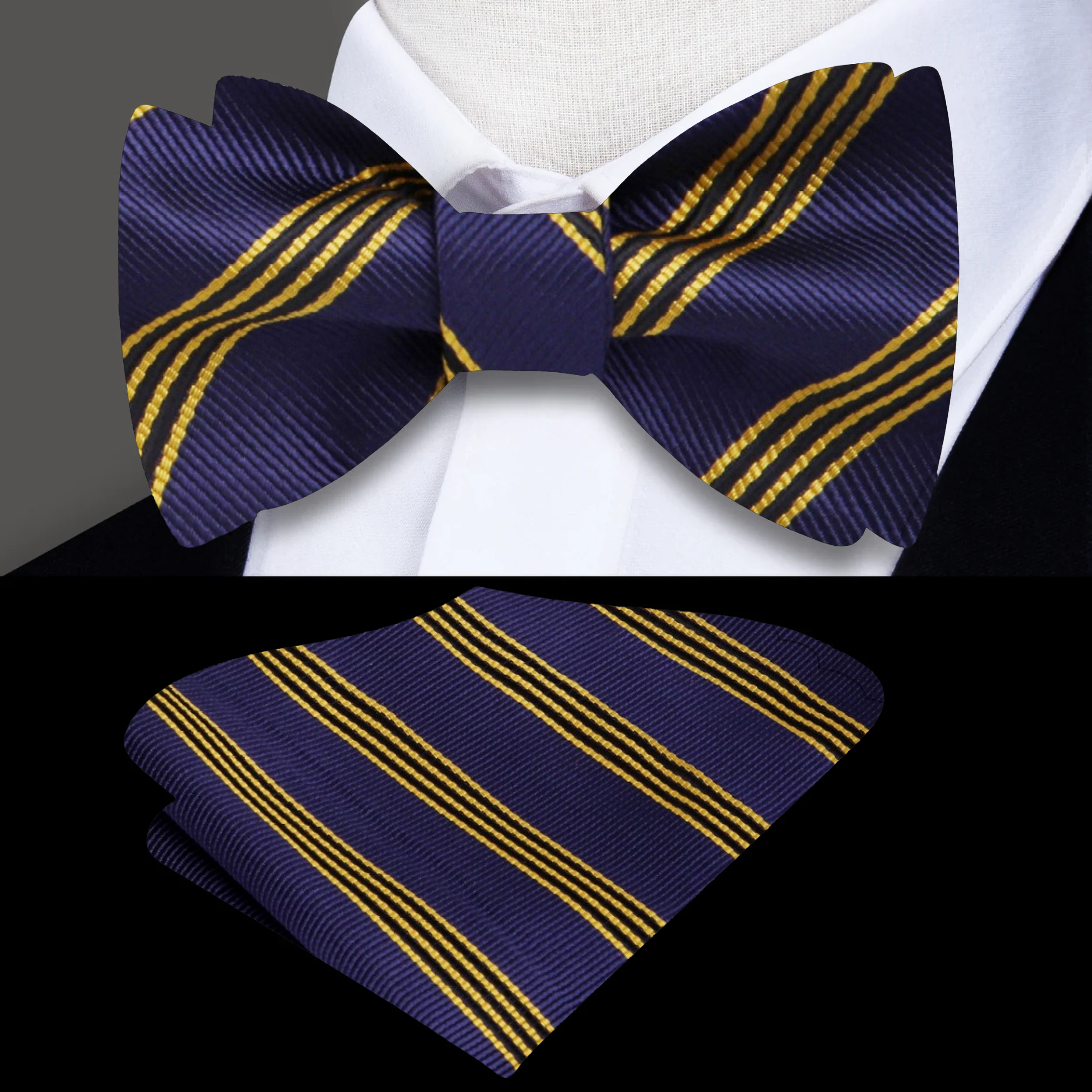 Close-up of luxury striped silk bow tie in oxford blue for formal wear