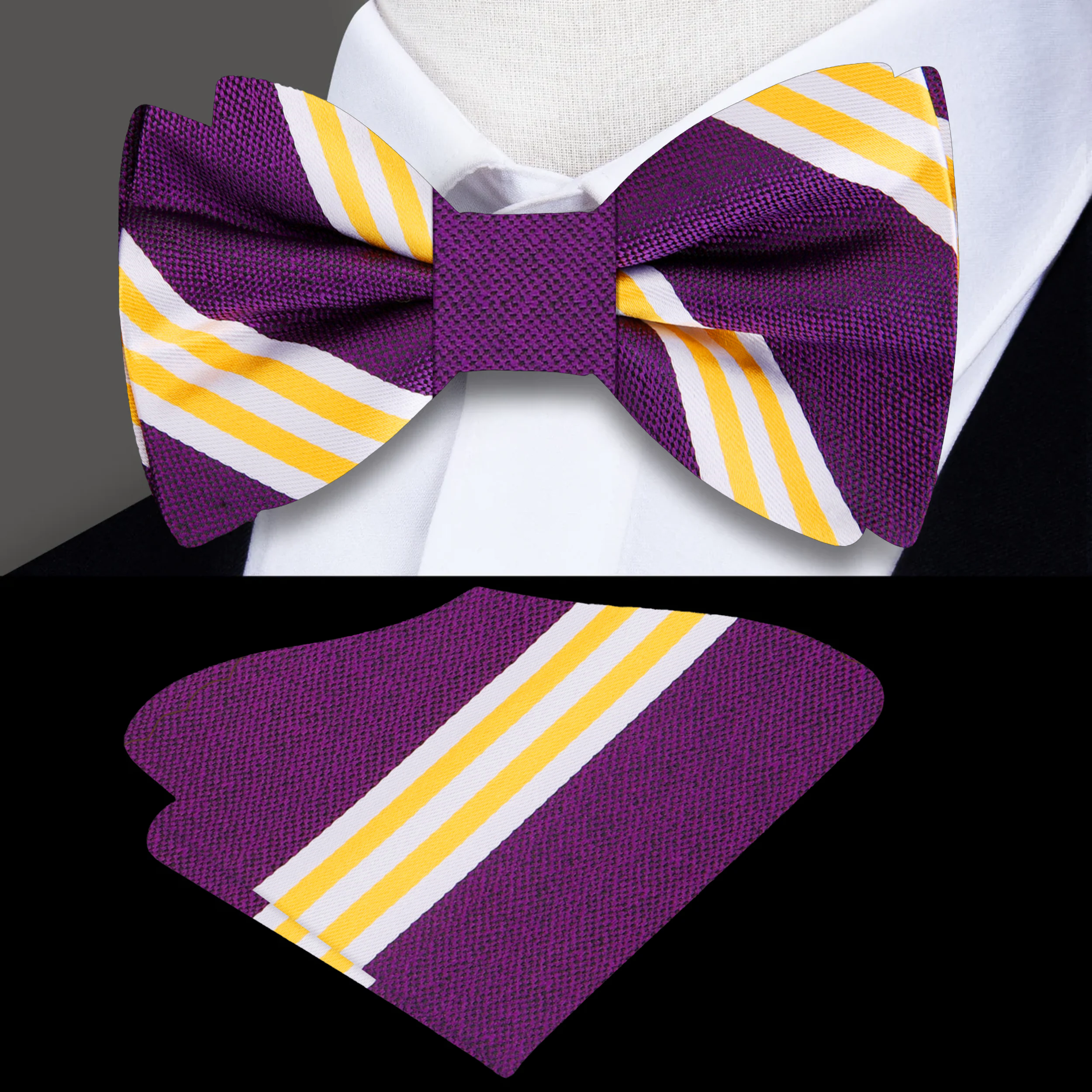 Close-up of a silk bow tie with striped pattern for formal occasions