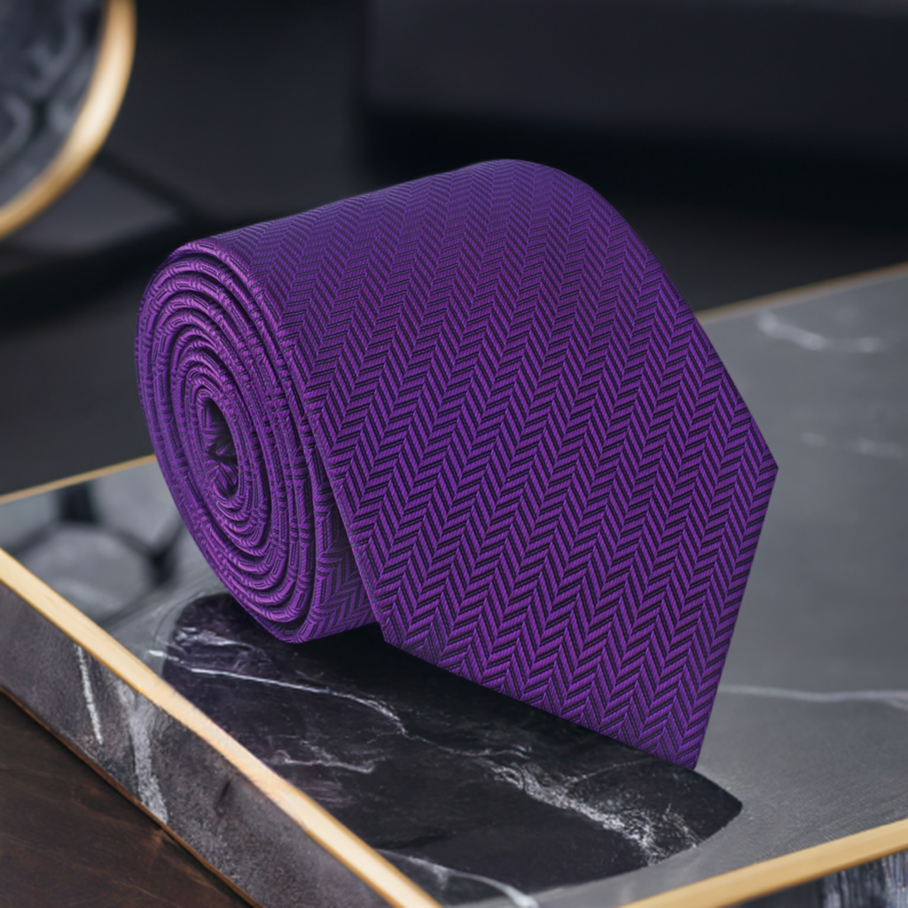 Close-up of deep purple silk necktie with herringbone pattern