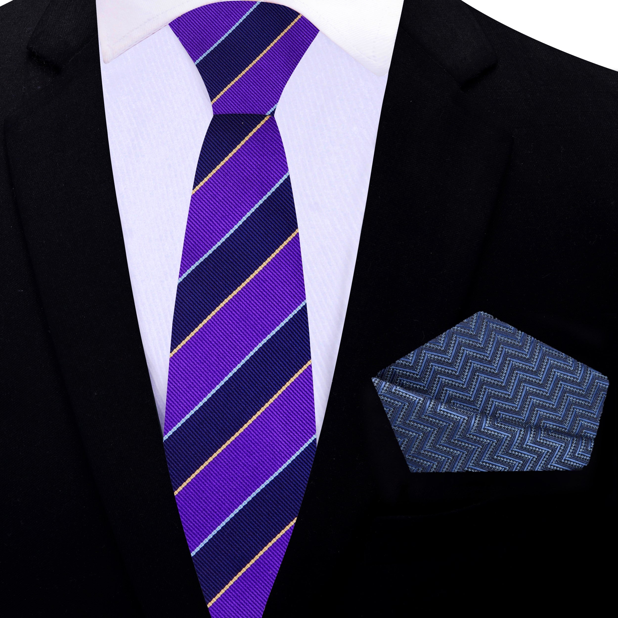 Detailed view of the necktie laid flat, highlighting the bold stripe pattern and silk texture.