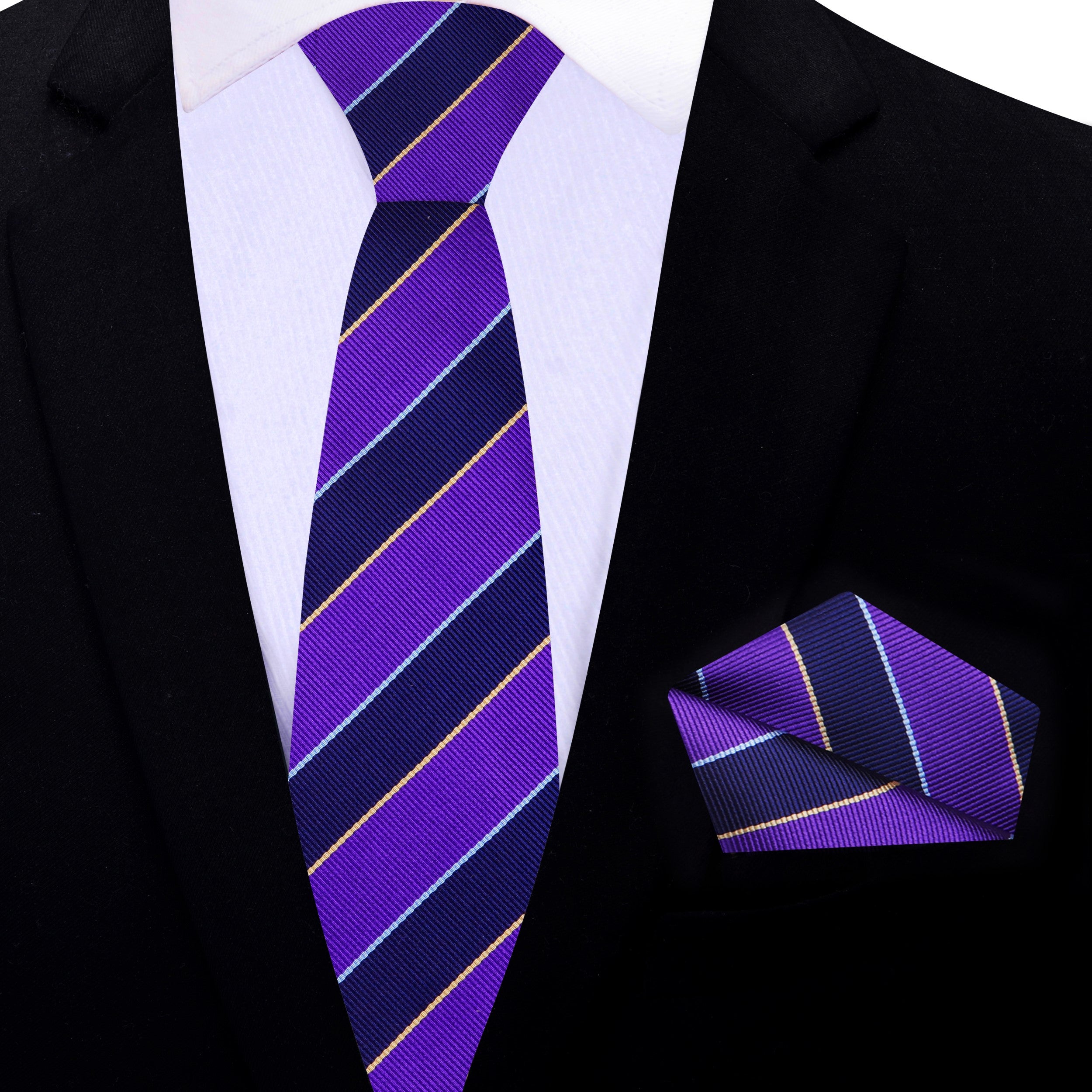 Detailed view of the necktie laid flat, highlighting the bold stripe pattern and silk texture.