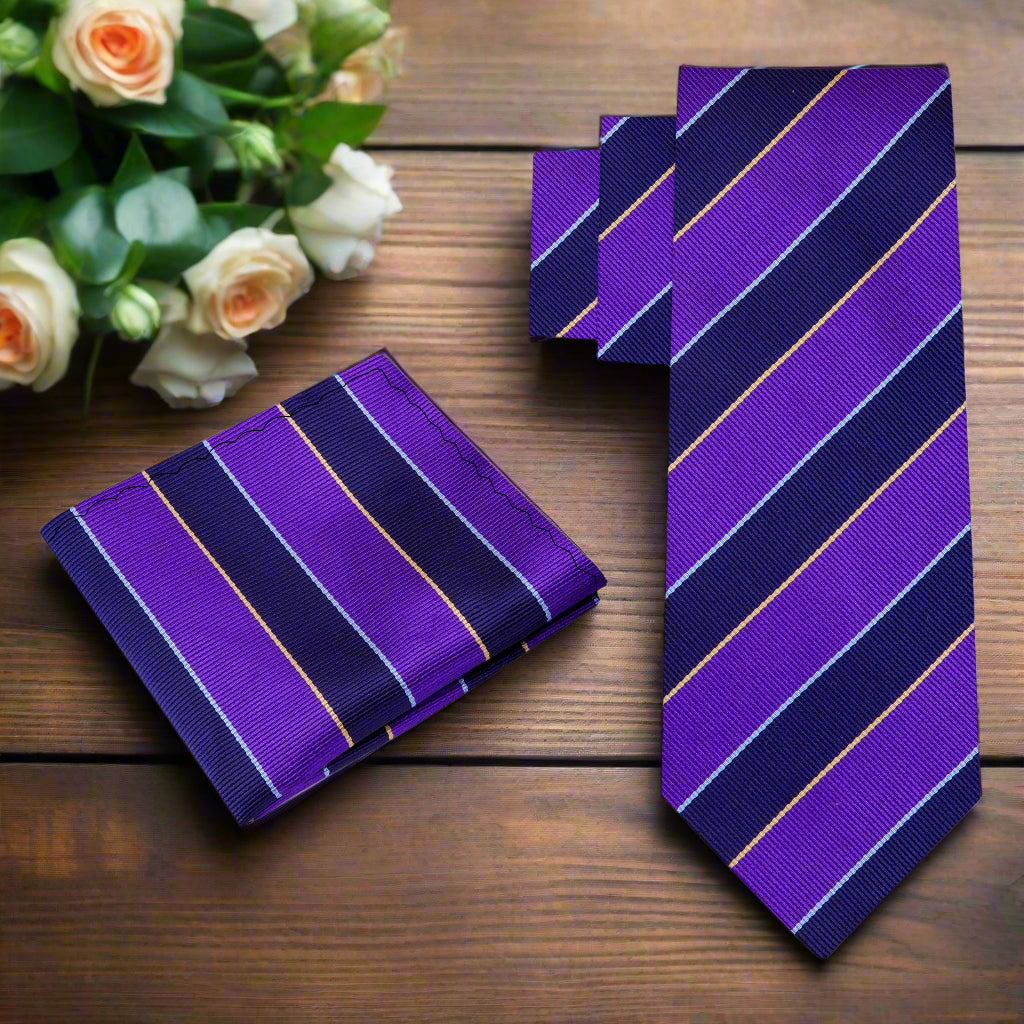 Close-up of the elegant purple and dark blue stripe necktie, showcasing its rich fabric and design.