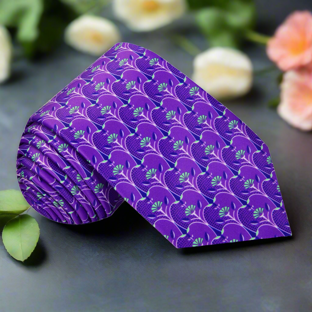 Close-up of the charming apple slice silk necktie highlighting its vibrant colors.
