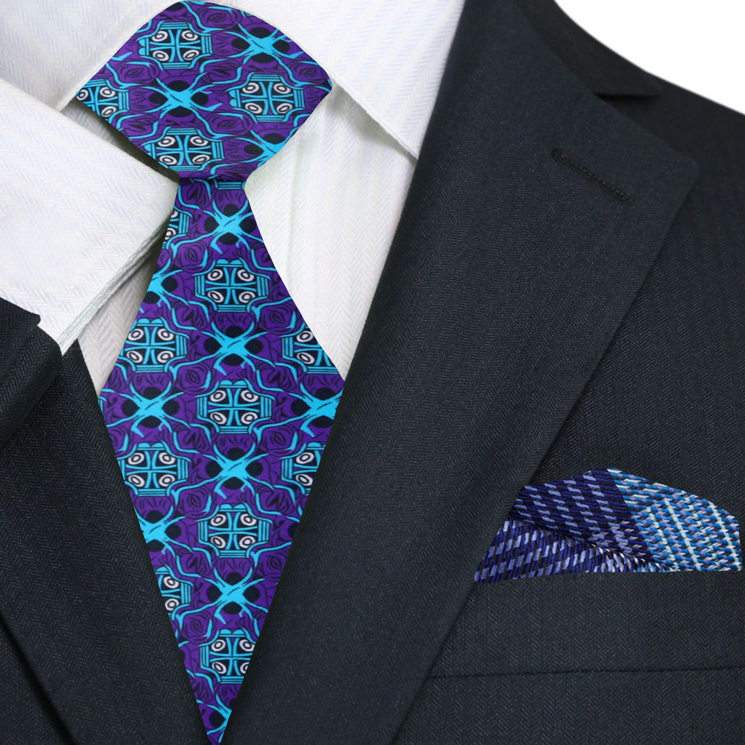 Close-up of the geometric pattern on the necktie showcasing its intricate design.