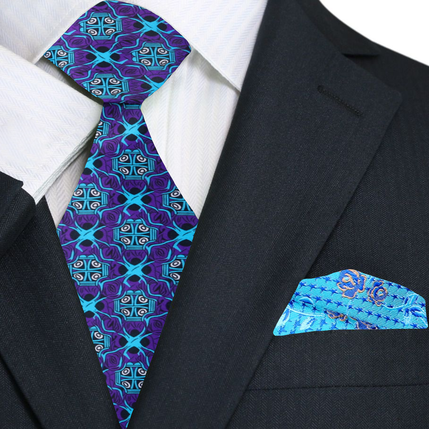 Close-up of the geometric pattern on the necktie showcasing its intricate design.