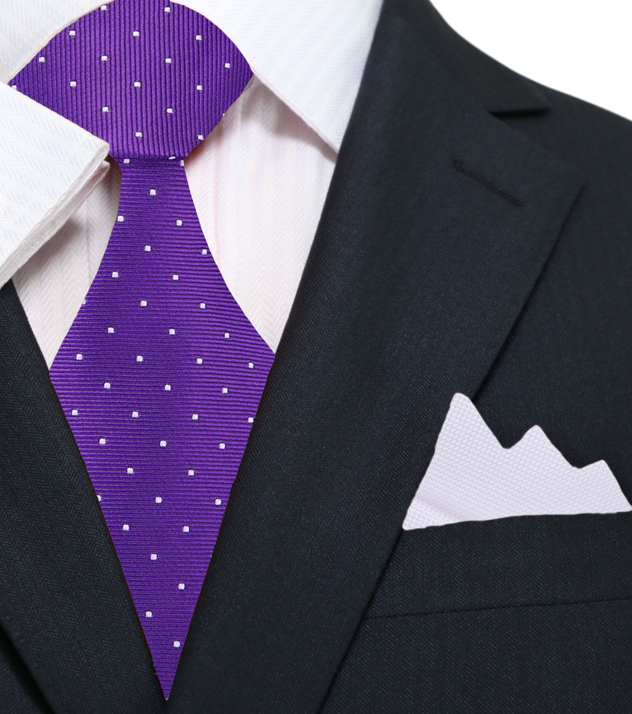 Close-up of a navy silk tie with white polka dots, ideal for formal occasions