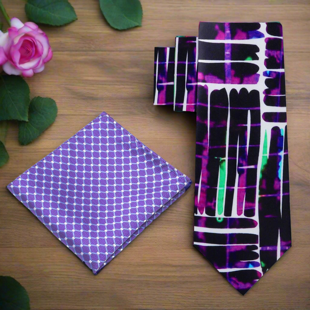 Close-up of the silk ties geometric design, highlighting its luxurious texture and vibrant colors.