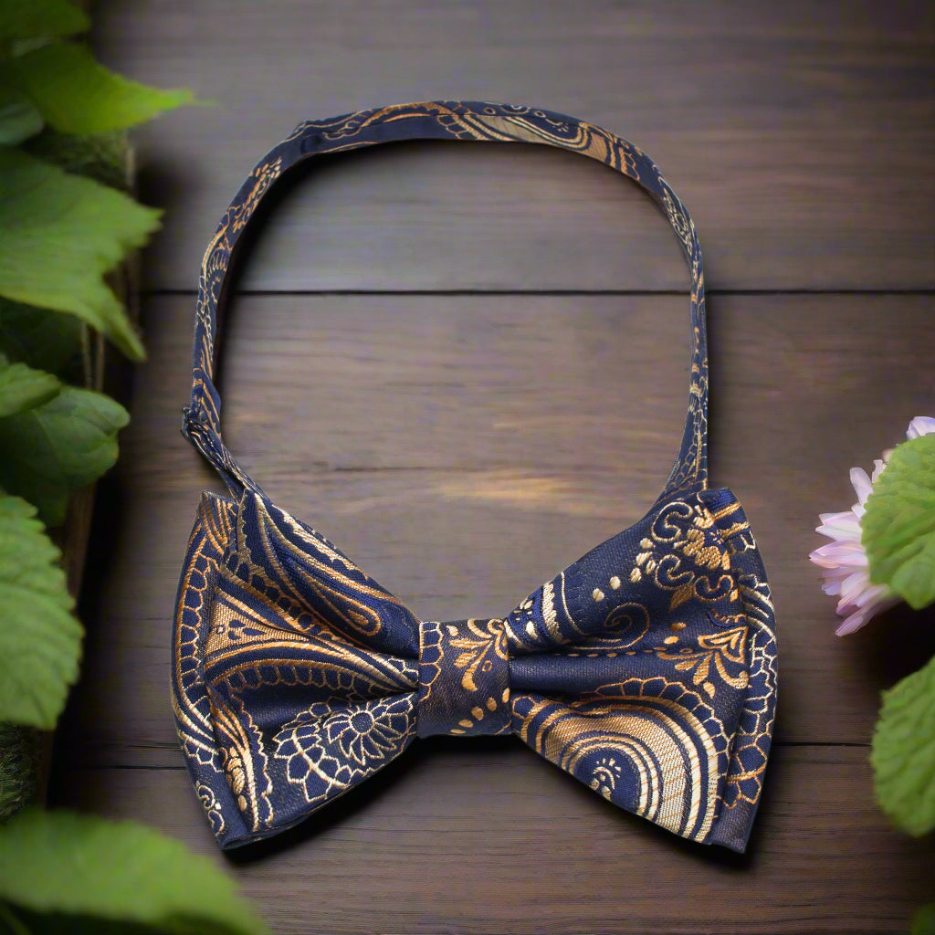 Elegant paisley silk bow tie worn with a white dress shirt for a wedding